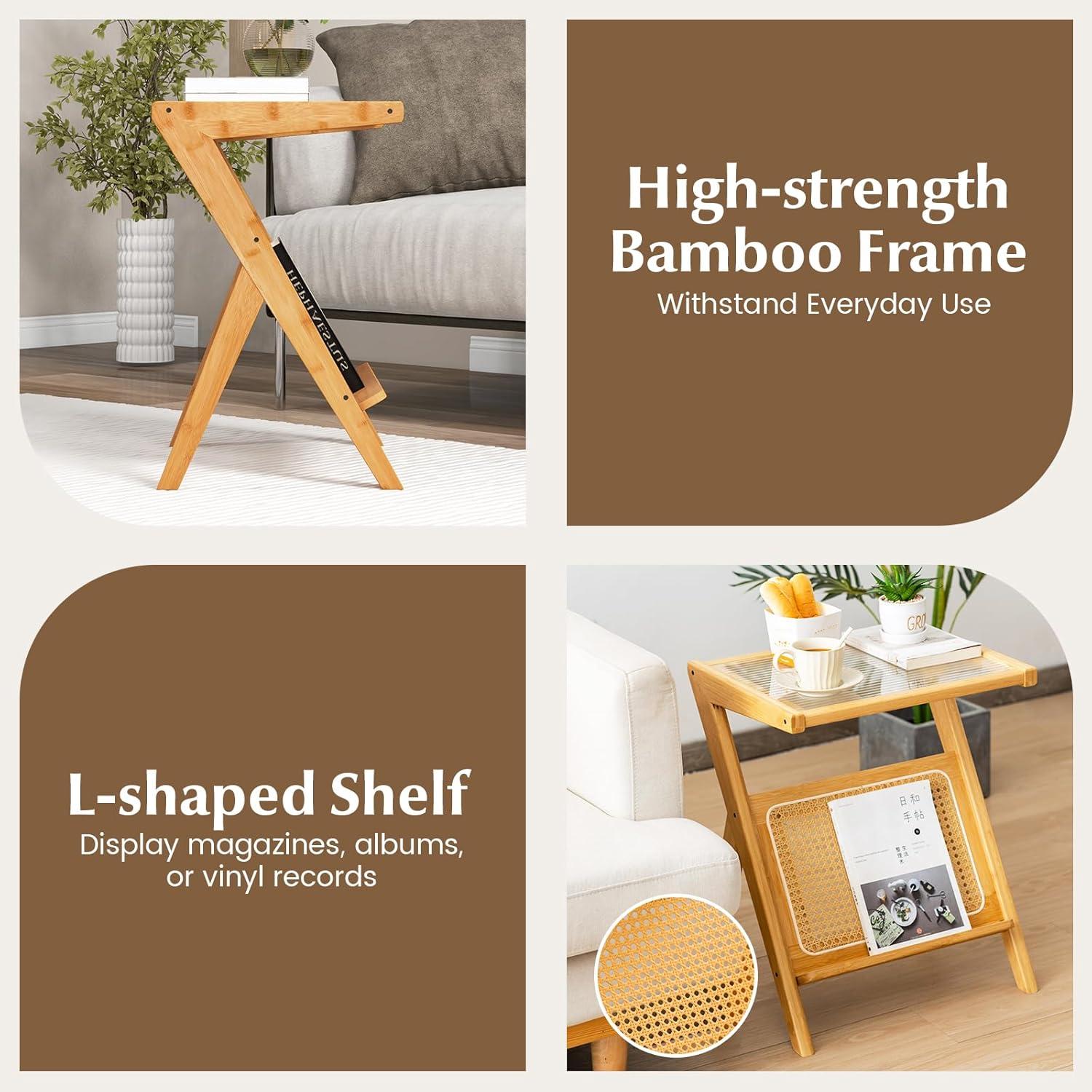 image:imageGiantex Rattan Side Table Set of 2 Boho Nightstand with Glass Top amp Magazine Rack End Table with Storage Bamboo Bedside Table for Small Space Living Room Bedroom NaturalNatural