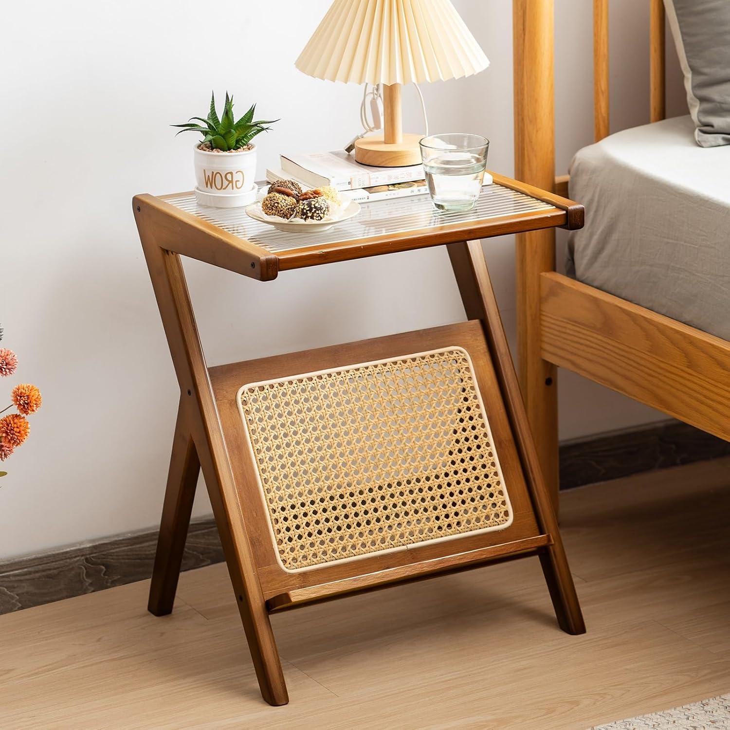 image:imageGiantex Rattan Side Table Set of 2 Boho Nightstand with Glass Top amp Magazine Rack End Table with Storage Bamboo Bedside Table for Small Space Living Room Bedroom NaturalWalnut