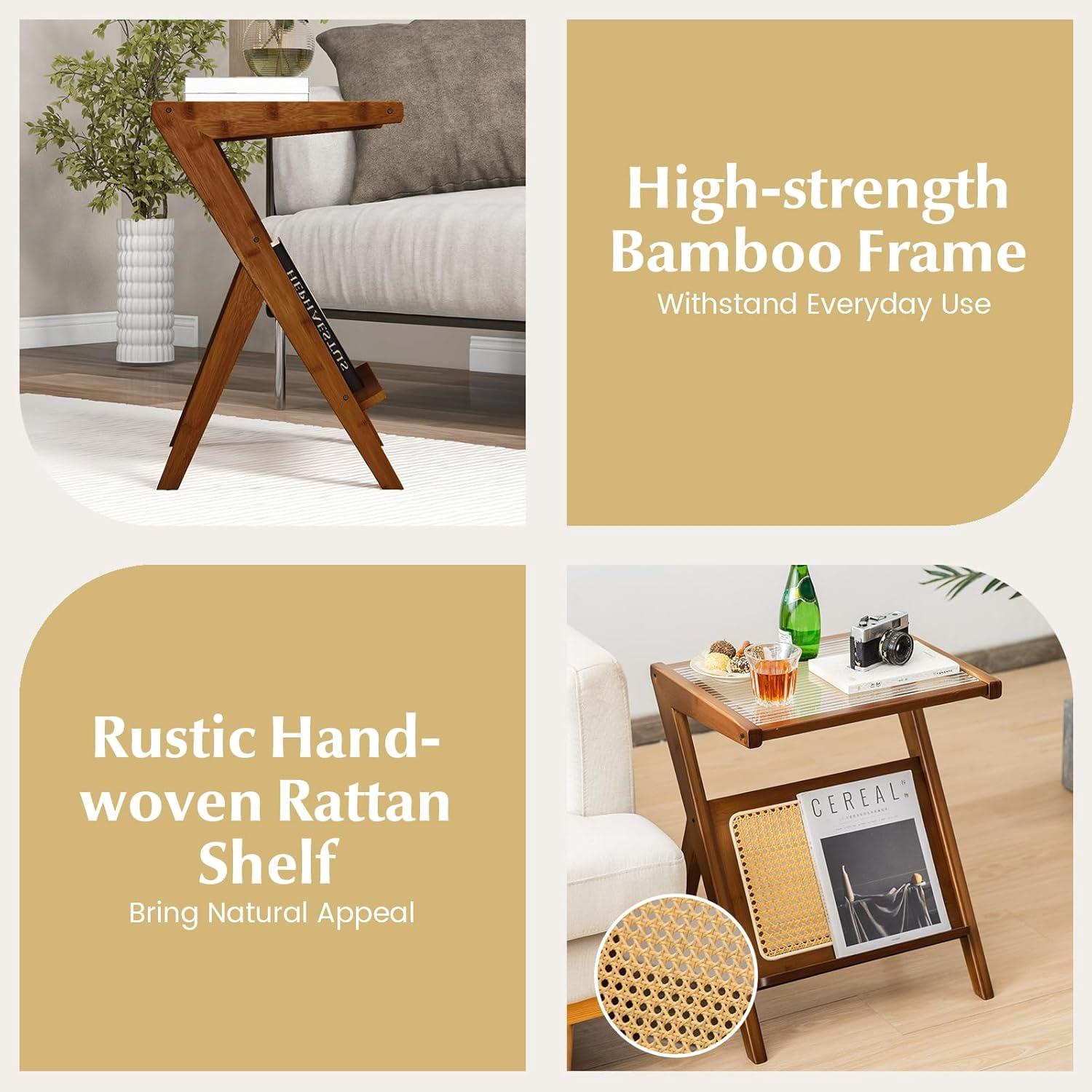 image:imageGiantex Rattan Side Table Set of 2 Boho Nightstand with Glass Top amp Magazine Rack End Table with Storage Bamboo Bedside Table for Small Space Living Room Bedroom NaturalWalnut