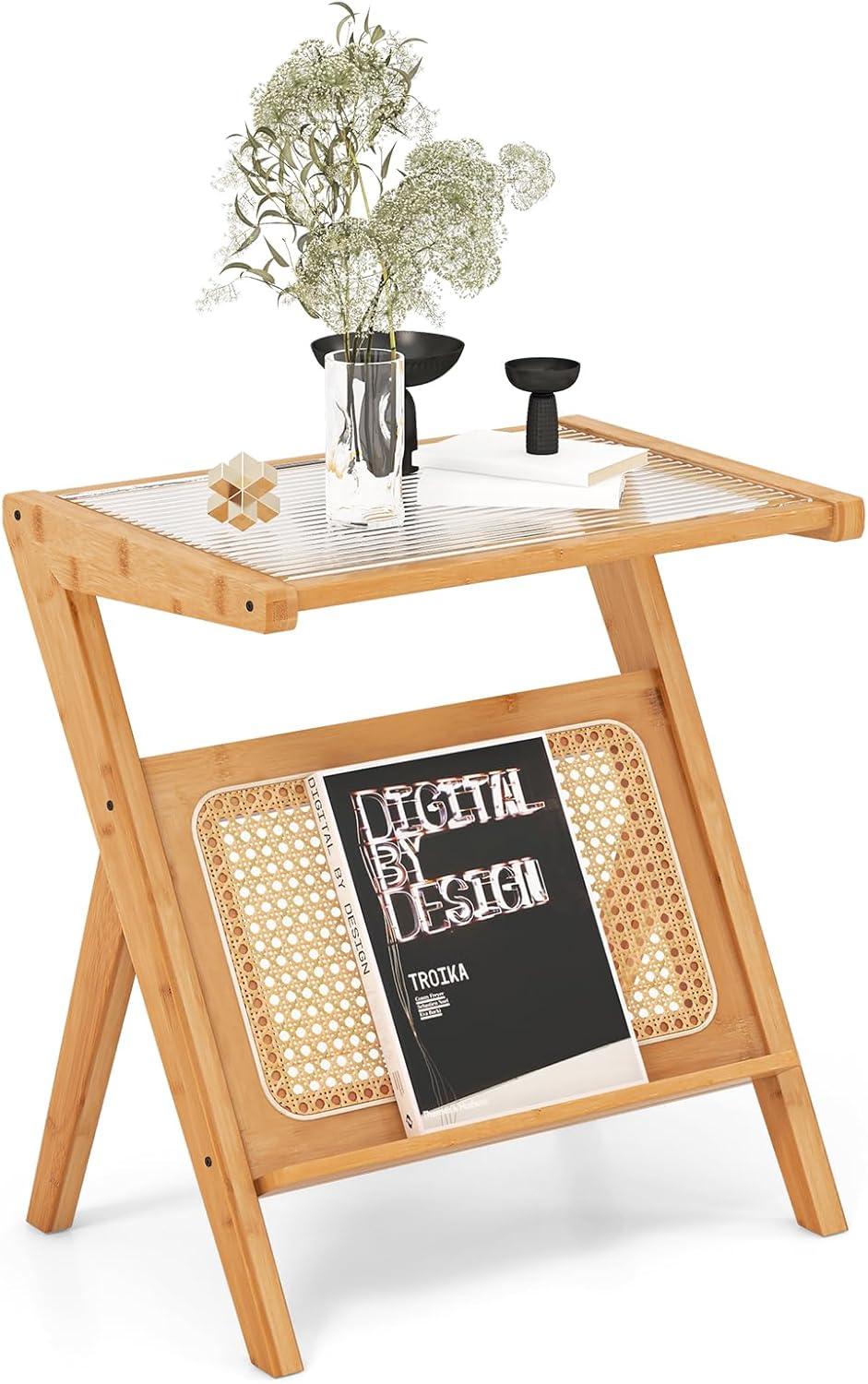 image:imageGiantex Rattan Side Table Set of 2 Boho Nightstand with Glass Top amp Magazine Rack End Table with Storage Bamboo Bedside Table for Small Space Living Room Bedroom NaturalNatural