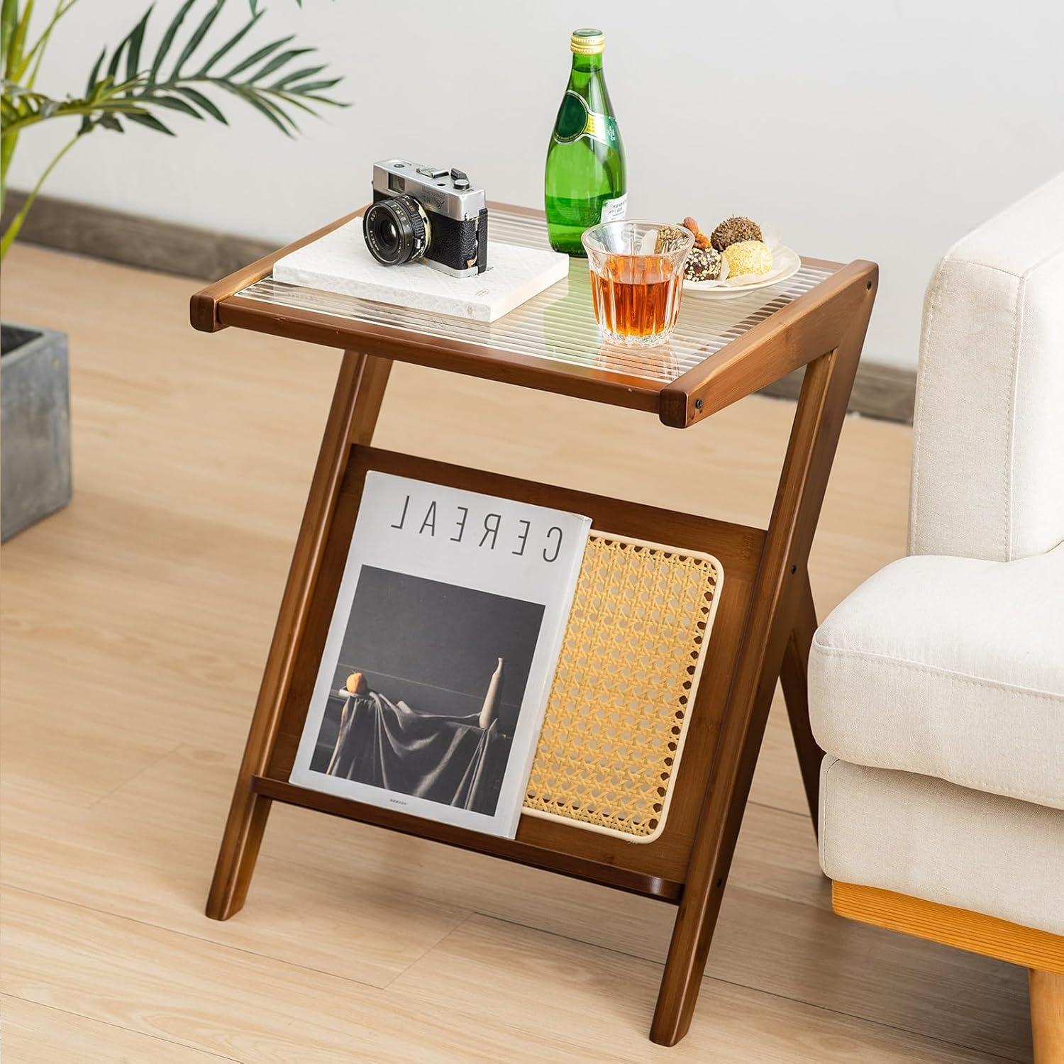 image:imageGiantex Rattan Side Table Set of 2 Boho Nightstand with Glass Top amp Magazine Rack End Table with Storage Bamboo Bedside Table for Small Space Living Room Bedroom NaturalWalnut