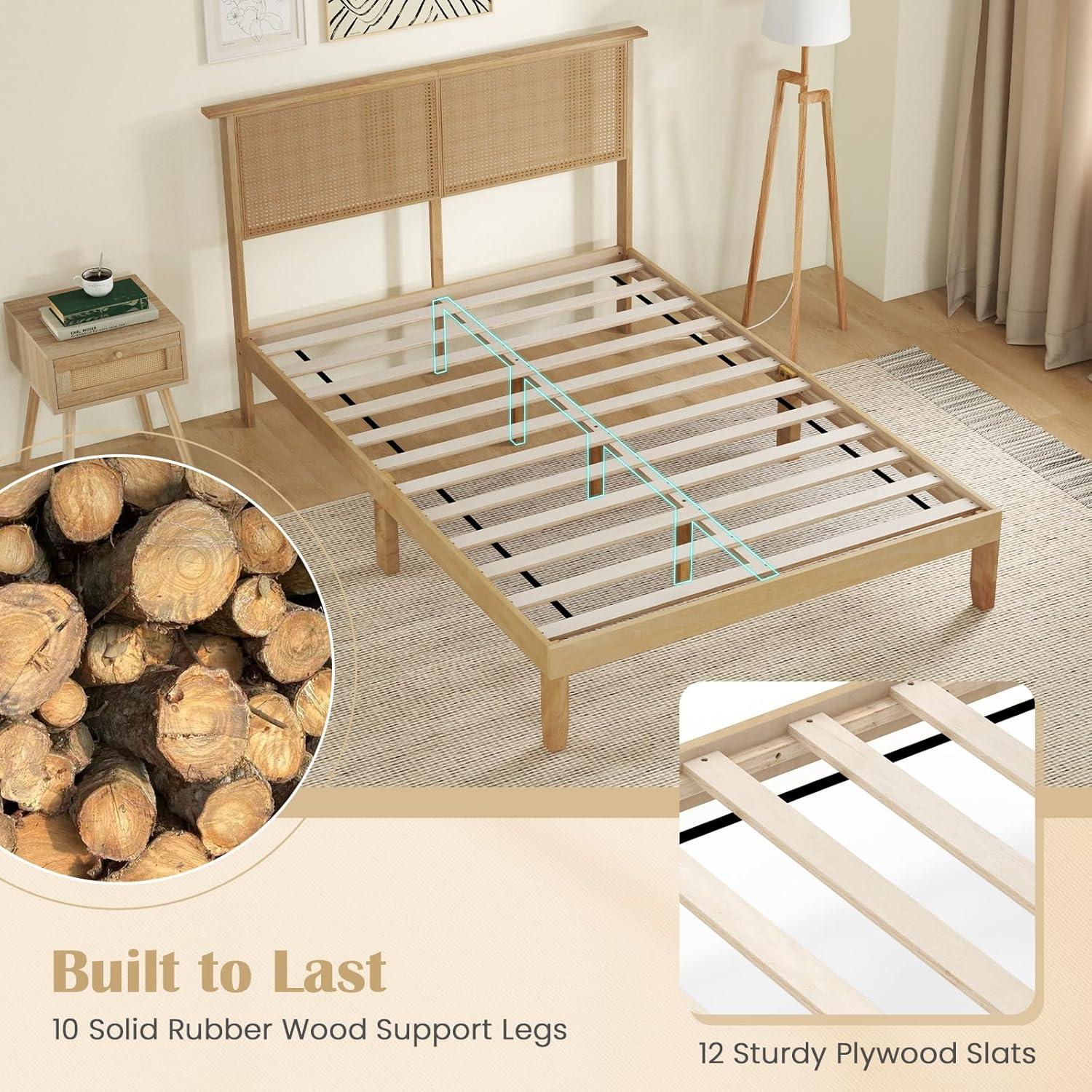 image:imageGiantex Rattan Twin Bed Frame with Headboard Boho Solid Wood Platform Bed with Wooden Foundation amp Slats Underneath Storage Space Twin Bed Frames for Kids Adults No Box Spring Needed NaturalFull