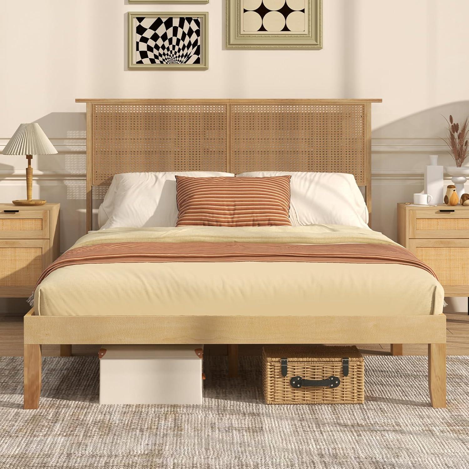 image:imageGiantex Rattan Twin Bed Frame with Headboard Boho Solid Wood Platform Bed with Wooden Foundation amp Slats Underneath Storage Space Twin Bed Frames for Kids Adults No Box Spring Needed NaturalFull