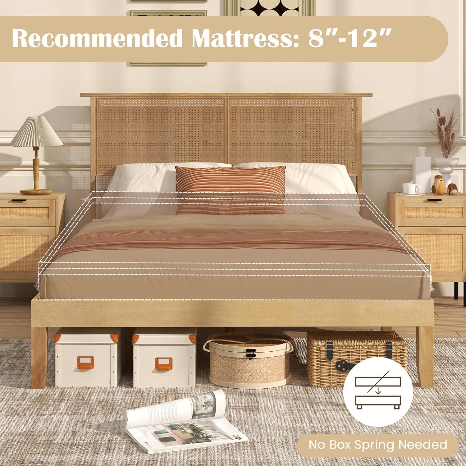 image:imageGiantex Rattan Twin Bed Frame with Headboard Boho Solid Wood Platform Bed with Wooden Foundation amp Slats Underneath Storage Space Twin Bed Frames for Kids Adults No Box Spring Needed NaturalFull