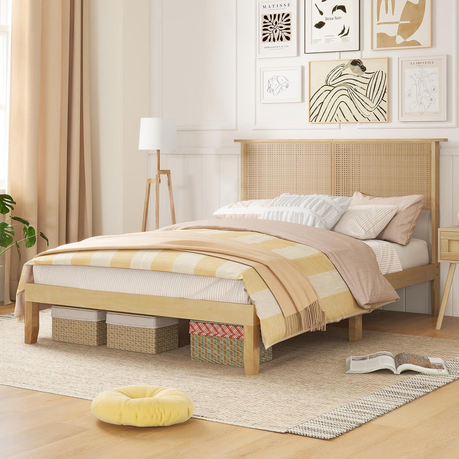 image:imageGiantex Rattan Twin Bed Frame with Headboard Boho Solid Wood Platform Bed with Wooden Foundation amp Slats Underneath Storage Space Twin Bed Frames for Kids Adults No Box Spring Needed NaturalFull