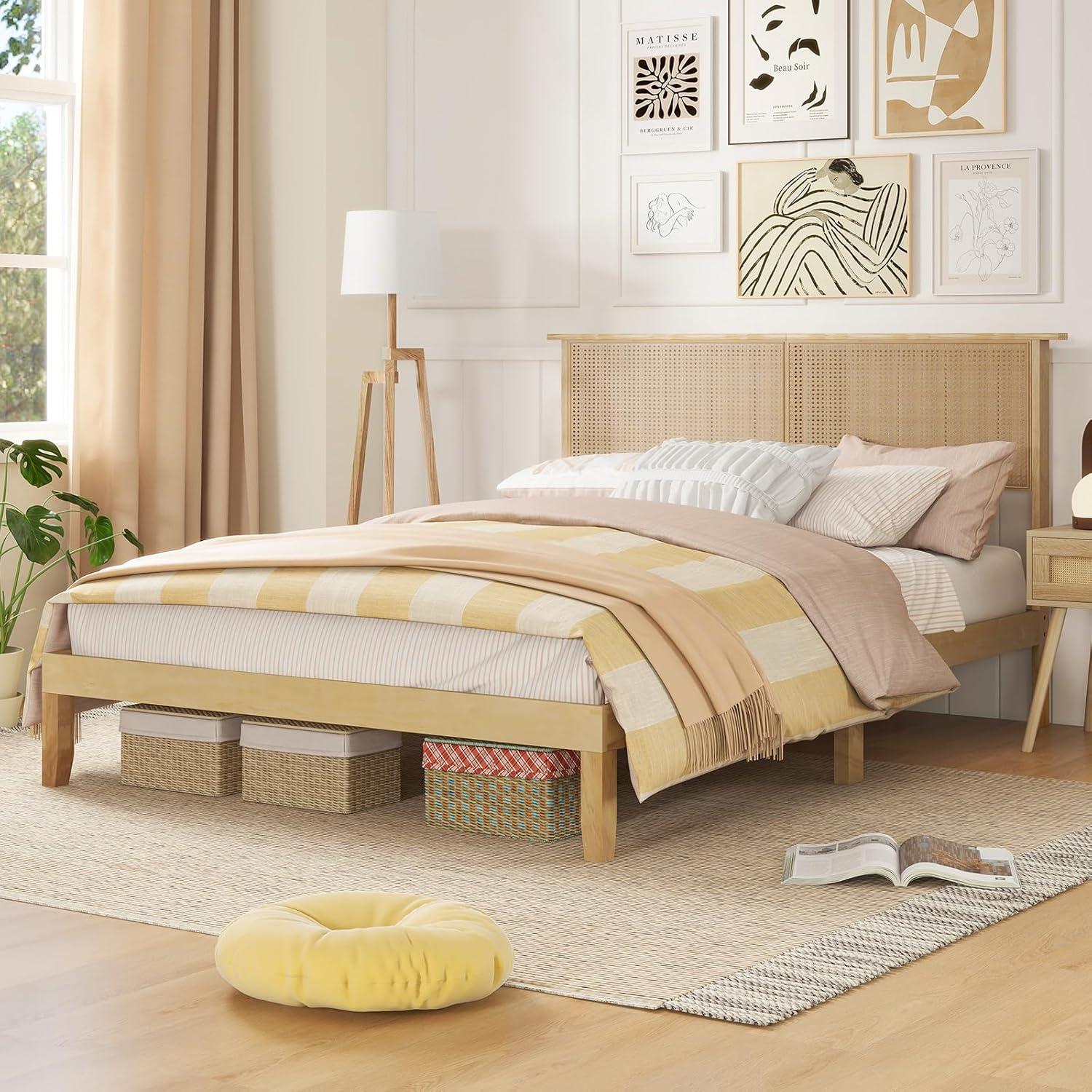 image:imageGiantex Rattan Twin Bed Frame with Headboard Boho Solid Wood Platform Bed with Wooden Foundation amp Slats Underneath Storage Space Twin Bed Frames for Kids Adults No Box Spring Needed NaturalQueen