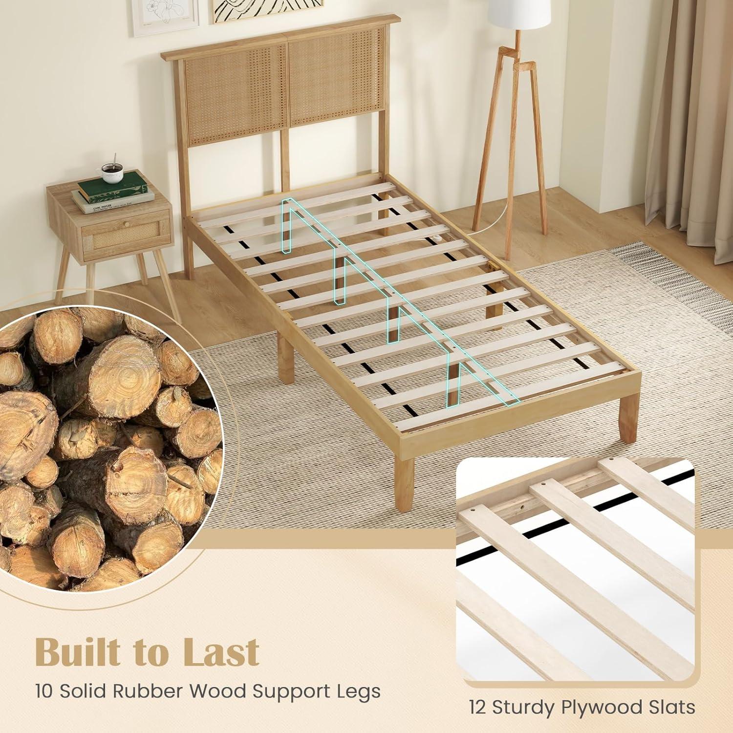 image:imageGiantex Rattan Twin Bed Frames with Rattan Headboard Boho Solid Wood Platform Bed with Wooden Slats 12 Inch Twin Bed Frame with Storage Underneath for Kids Adults No Box Spring Needed Natural