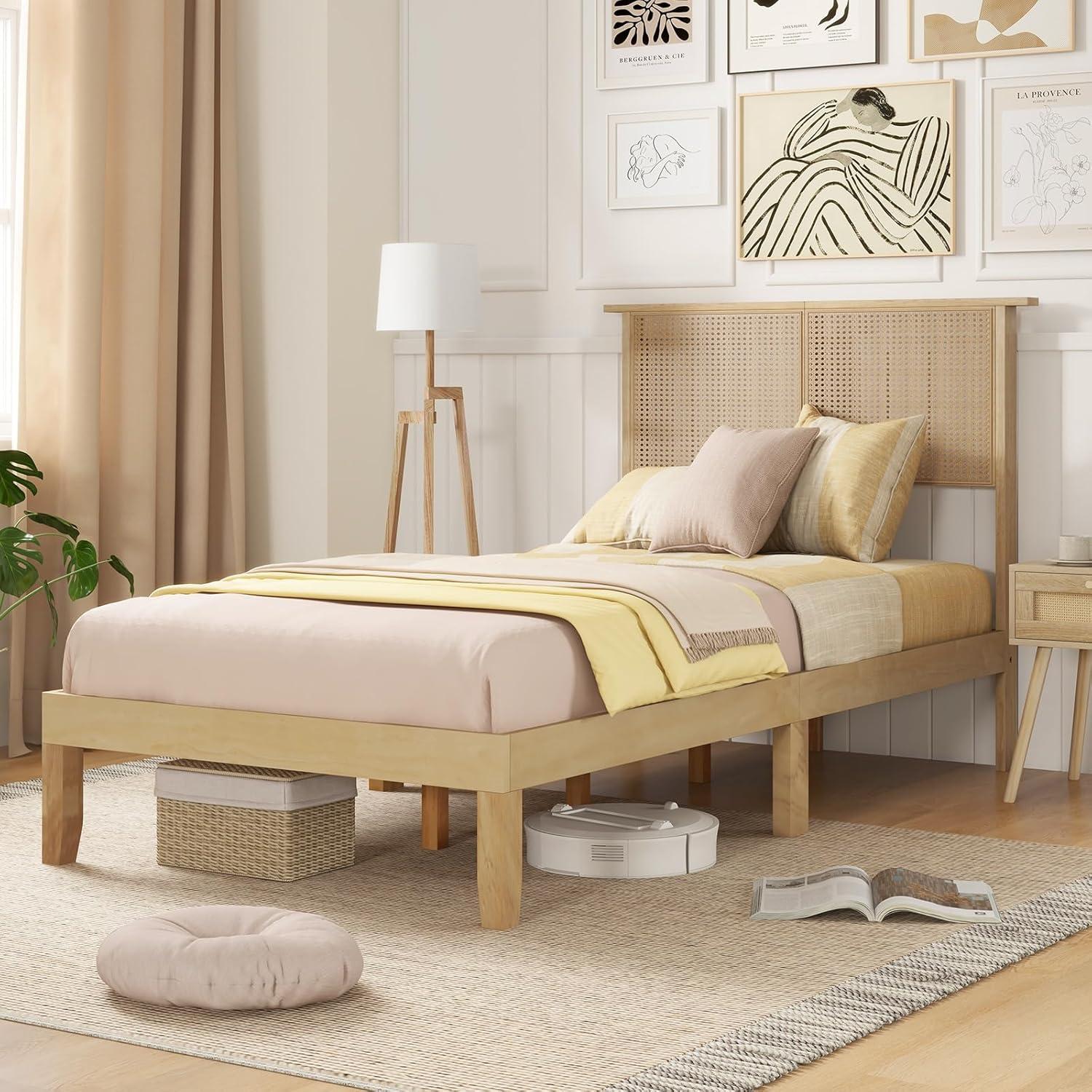 image:imageGiantex Rattan Twin Bed Frames with Rattan Headboard Boho Solid Wood Platform Bed with Wooden Slats 12 Inch Twin Bed Frame with Storage Underneath for Kids Adults No Box Spring Needed Natural
