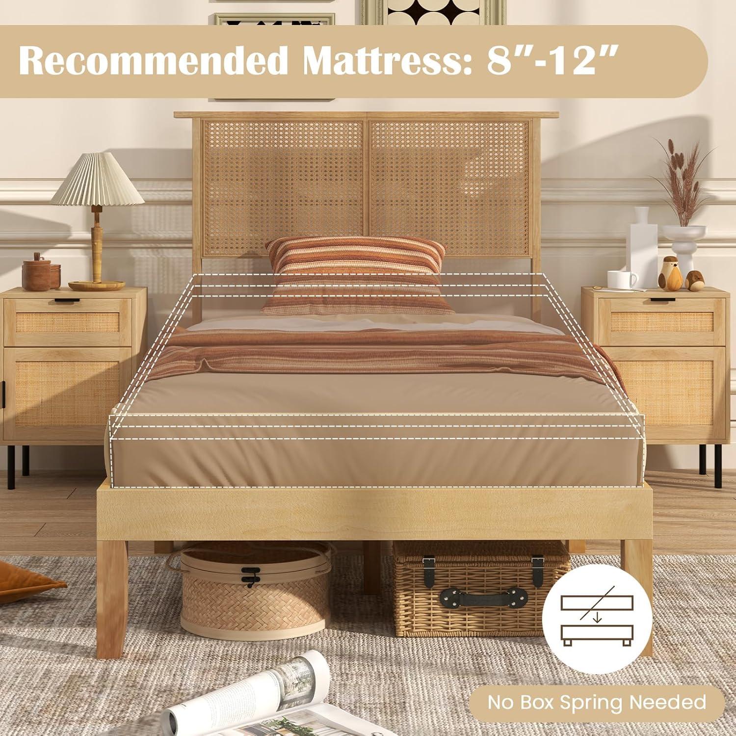 image:imageGiantex Rattan Twin Bed Frames with Rattan Headboard Boho Solid Wood Platform Bed with Wooden Slats 12 Inch Twin Bed Frame with Storage Underneath for Kids Adults No Box Spring Needed Natural