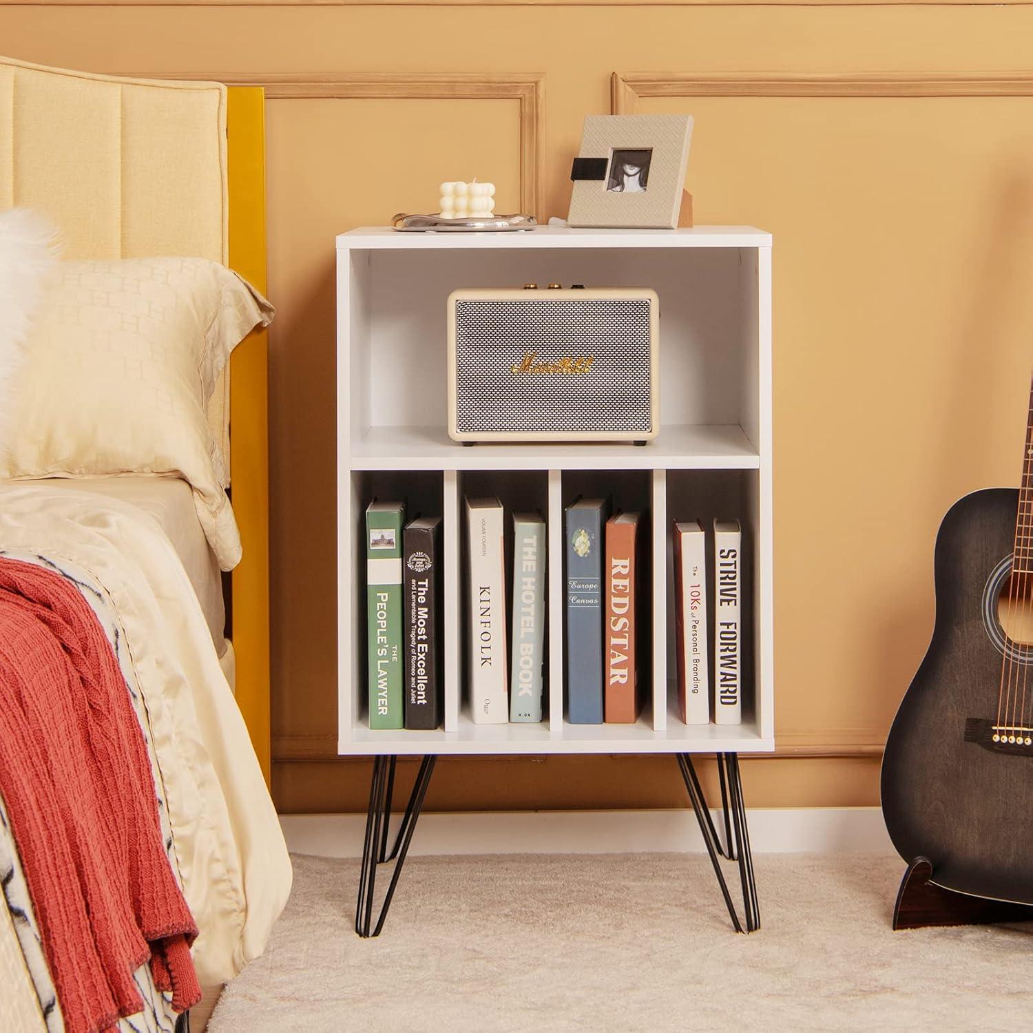 image:imageGiantex Record Player Stand White Turntable Stand Holds up to 150 Albums MidCentury Vinyl Storage Cabinet Table with Metal Legs Record Player Holder End Table for Bedroom Living RoomWhite