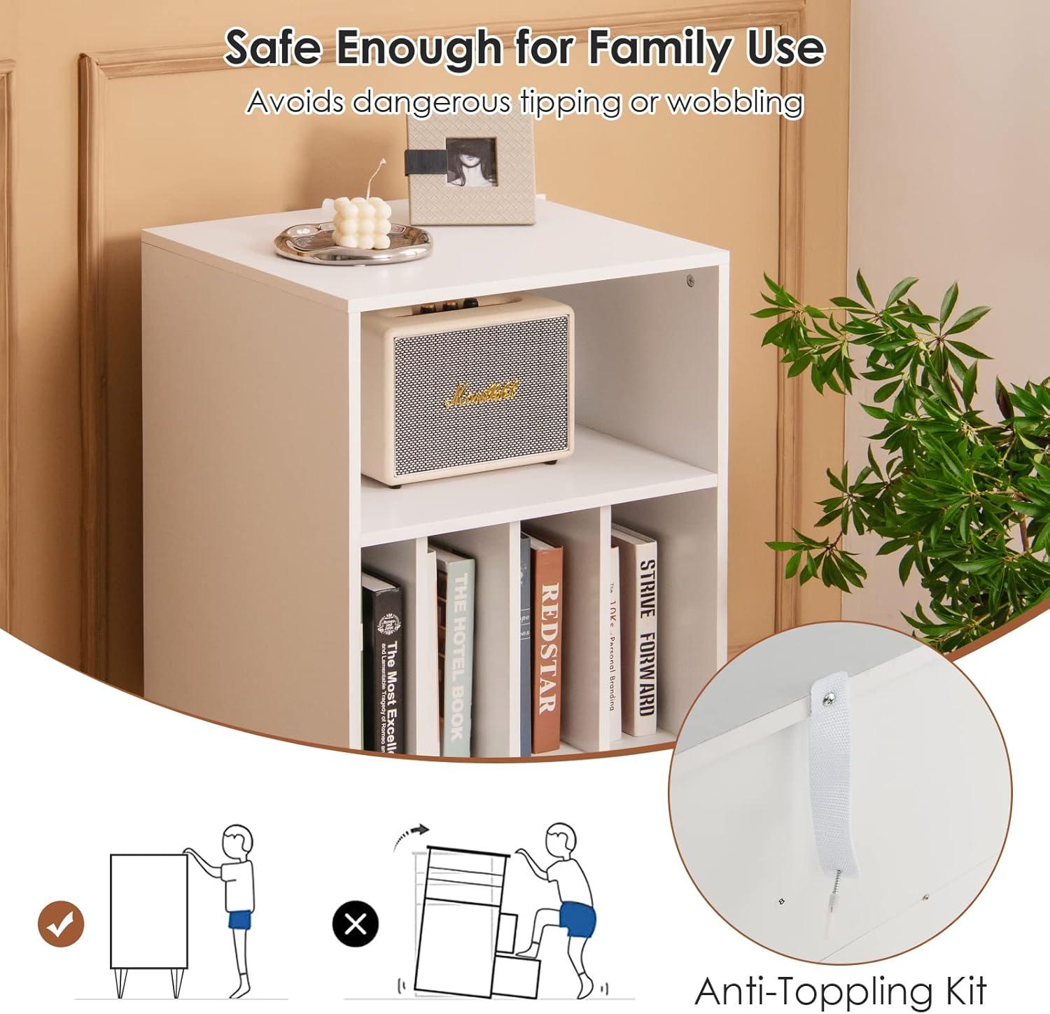 image:imageGiantex Record Player Stand White Turntable Stand Holds up to 150 Albums MidCentury Vinyl Storage Cabinet Table with Metal Legs Record Player Holder End Table for Bedroom Living RoomWhite