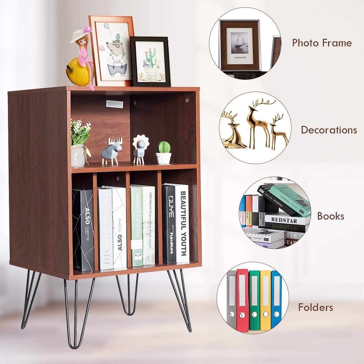 image:imageGiantex Record Player Stand White Turntable Stand Holds up to 150 Albums MidCentury Vinyl Storage Cabinet Table with Metal Legs Record Player Holder End Table for Bedroom Living RoomBrown