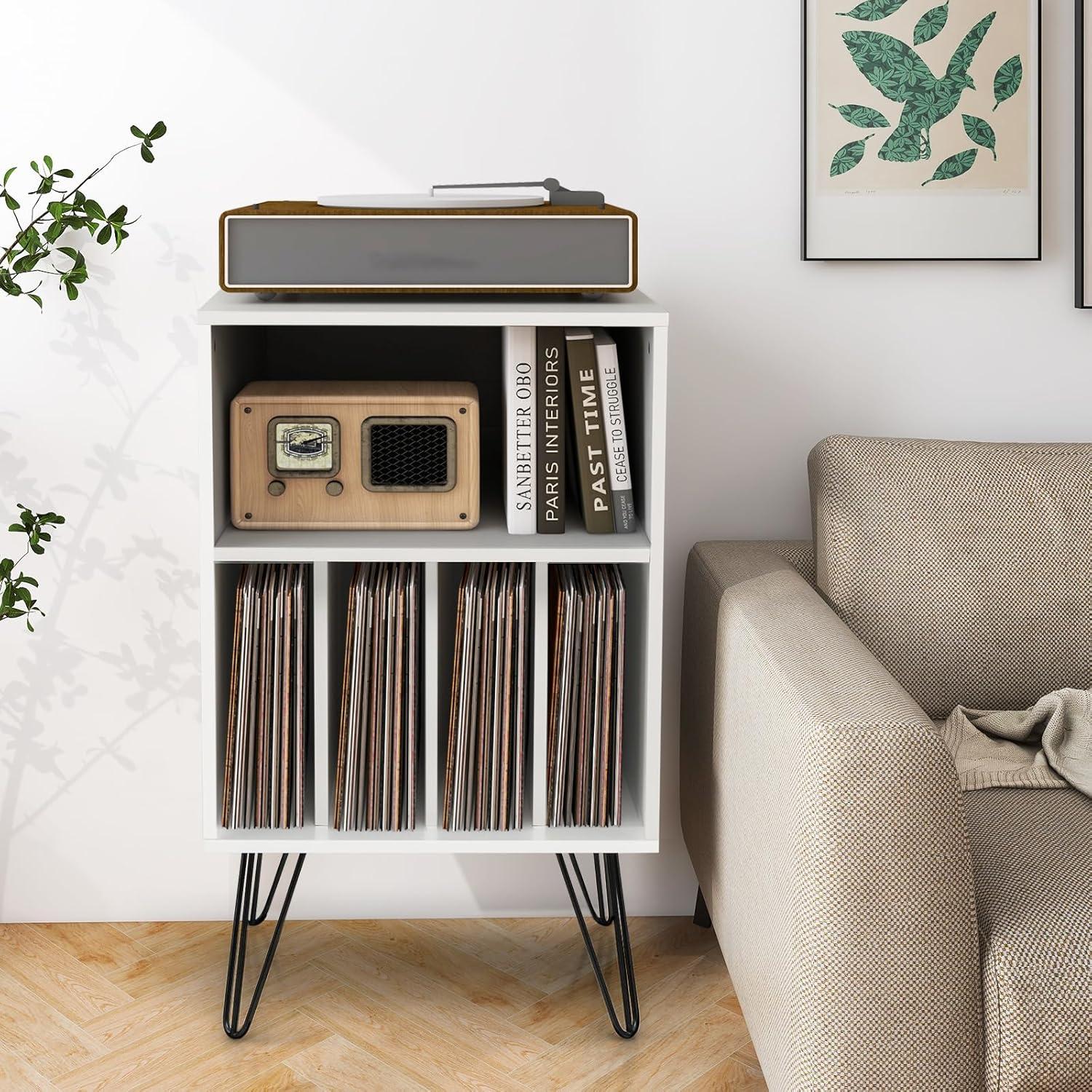 image:imageGiantex Record Player Stand White Turntable Stand Holds up to 150 Albums MidCentury Vinyl Storage Cabinet Table with Metal Legs Record Player Holder End Table for Bedroom Living RoomWhite
