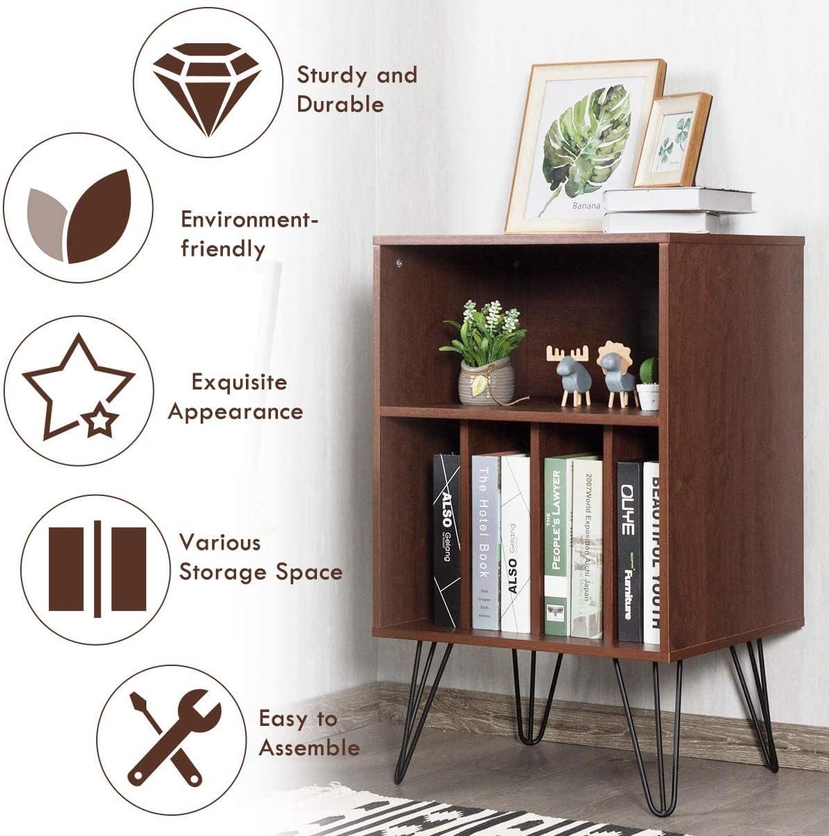 image:imageGiantex Record Player Stand White Turntable Stand Holds up to 150 Albums MidCentury Vinyl Storage Cabinet Table with Metal Legs Record Player Holder End Table for Bedroom Living RoomBrown