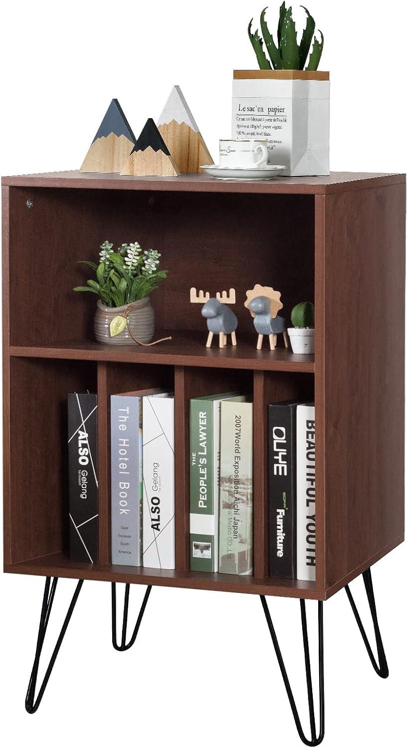image:imageGiantex Record Player Stand White Turntable Stand Holds up to 150 Albums MidCentury Vinyl Storage Cabinet Table with Metal Legs Record Player Holder End Table for Bedroom Living RoomBrown