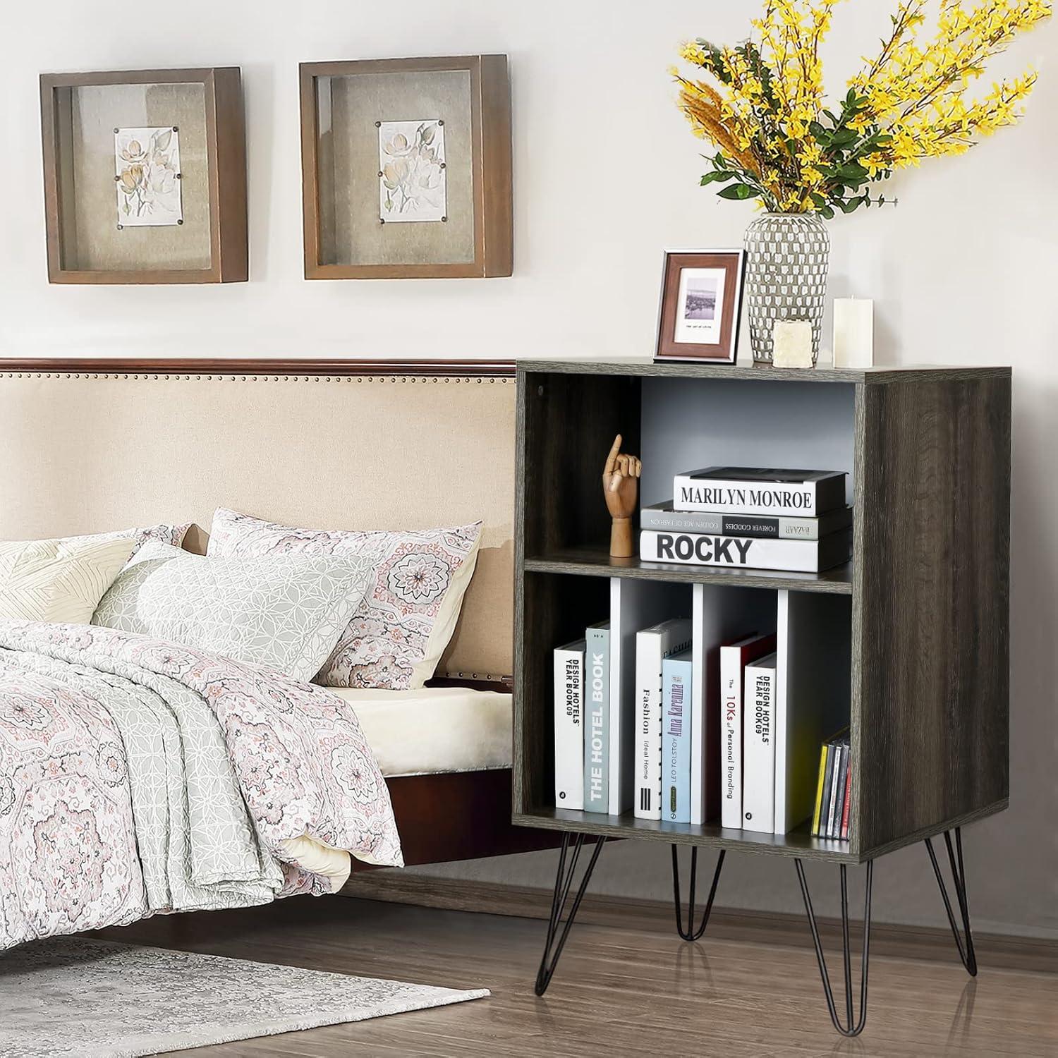 image:imageGiantex Record Player Stand White Turntable Stand Holds up to 150 Albums MidCentury Vinyl Storage Cabinet Table with Metal Legs Record Player Holder End Table for Bedroom Living RoomGrey