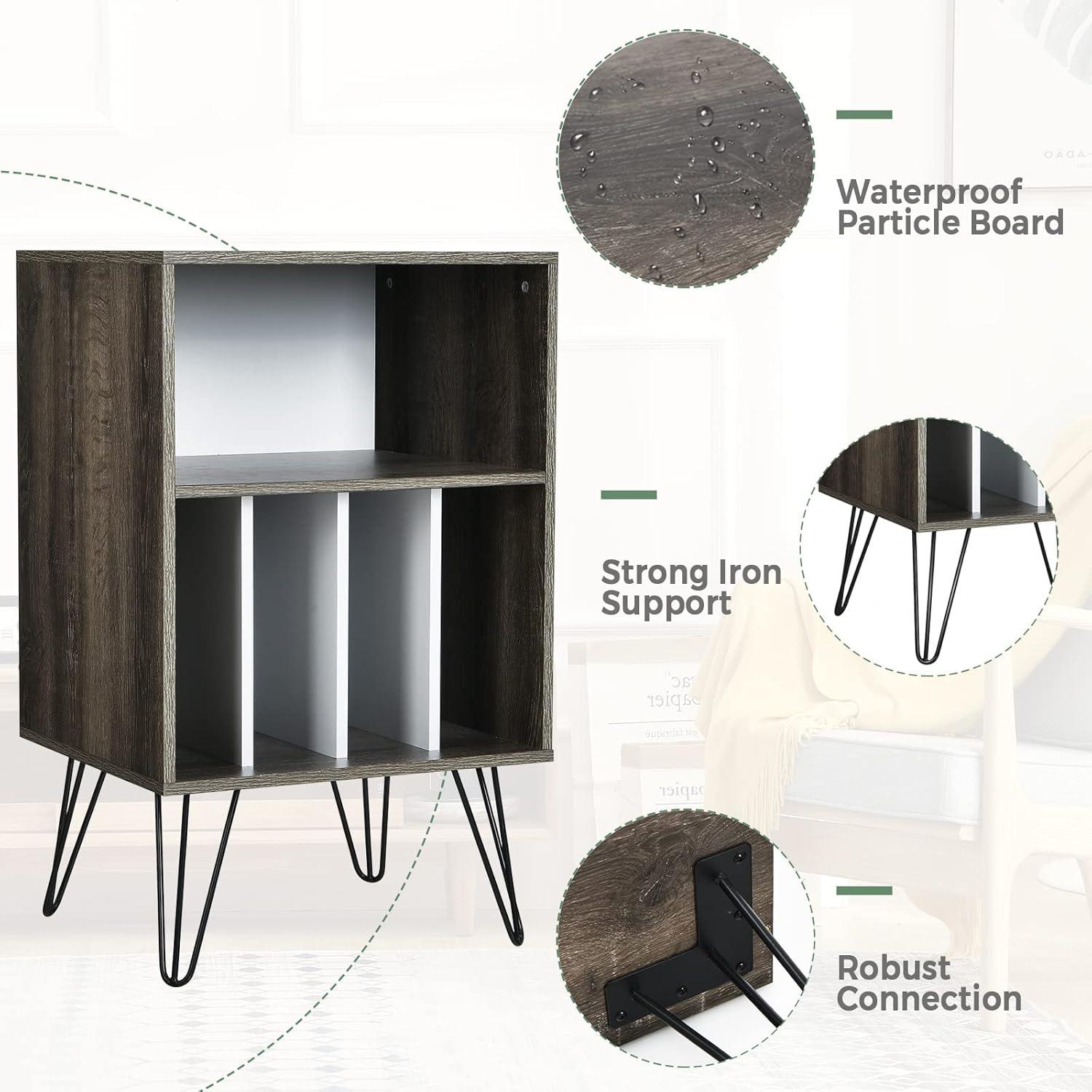 image:imageGiantex Record Player Stand White Turntable Stand Holds up to 150 Albums MidCentury Vinyl Storage Cabinet Table with Metal Legs Record Player Holder End Table for Bedroom Living RoomGrey