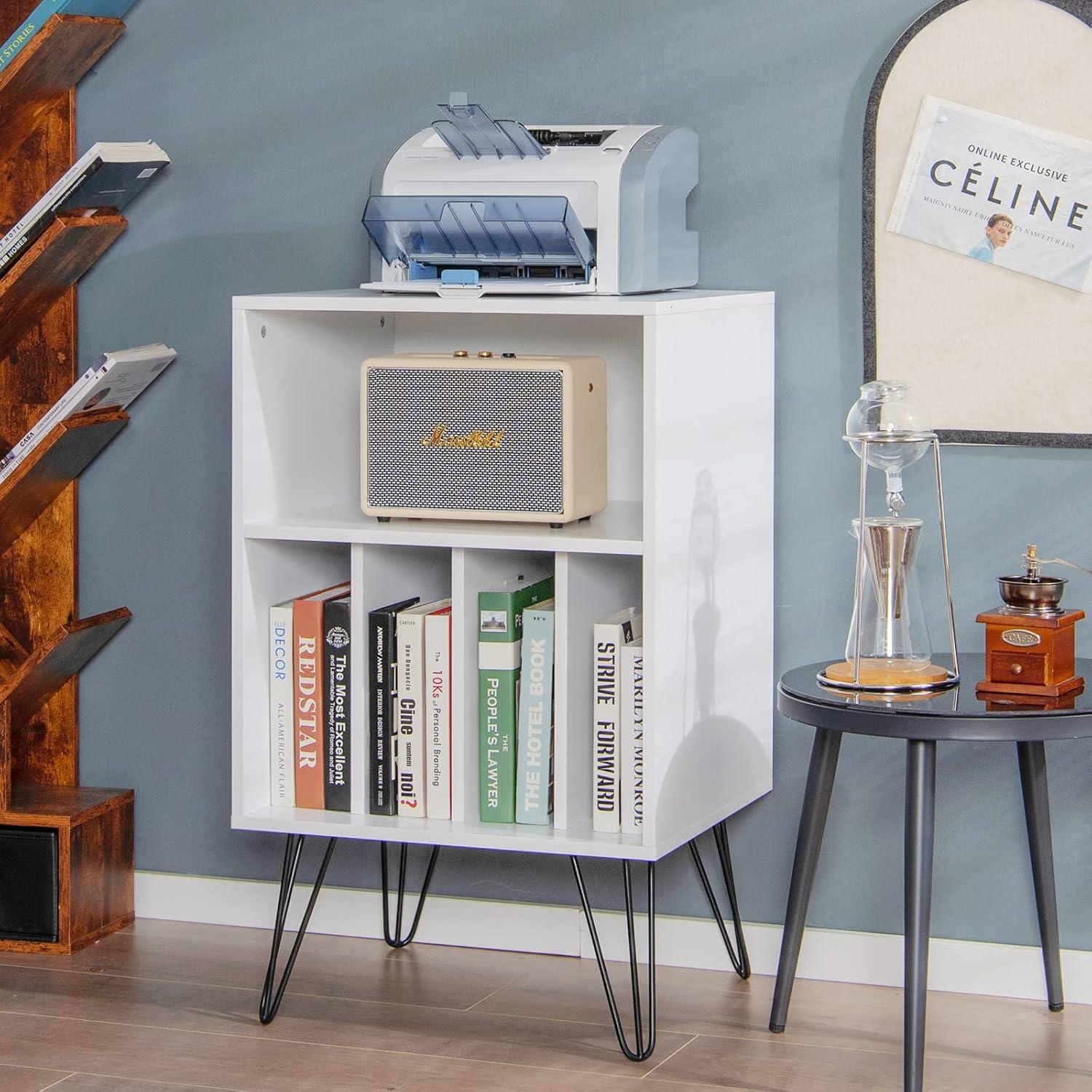image:imageGiantex Record Player Stand White Turntable Stand Holds up to 150 Albums MidCentury Vinyl Storage Cabinet Table with Metal Legs Record Player Holder End Table for Bedroom Living RoomWhite