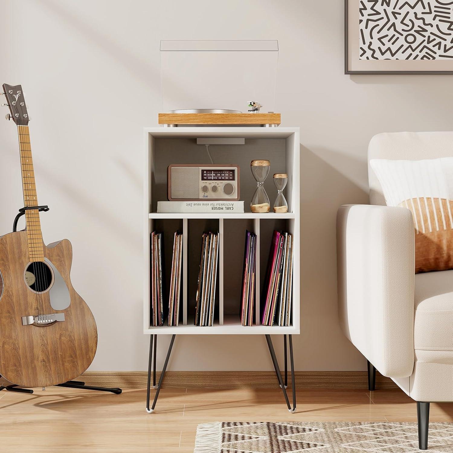 image:imageGiantex Record Player Stand with Charging Station Turntable Cabinet with Metal Legs Vinyl Record Storage Cabinet Holds Up to 150 Albums for Living Room Bedroom BlackWhite