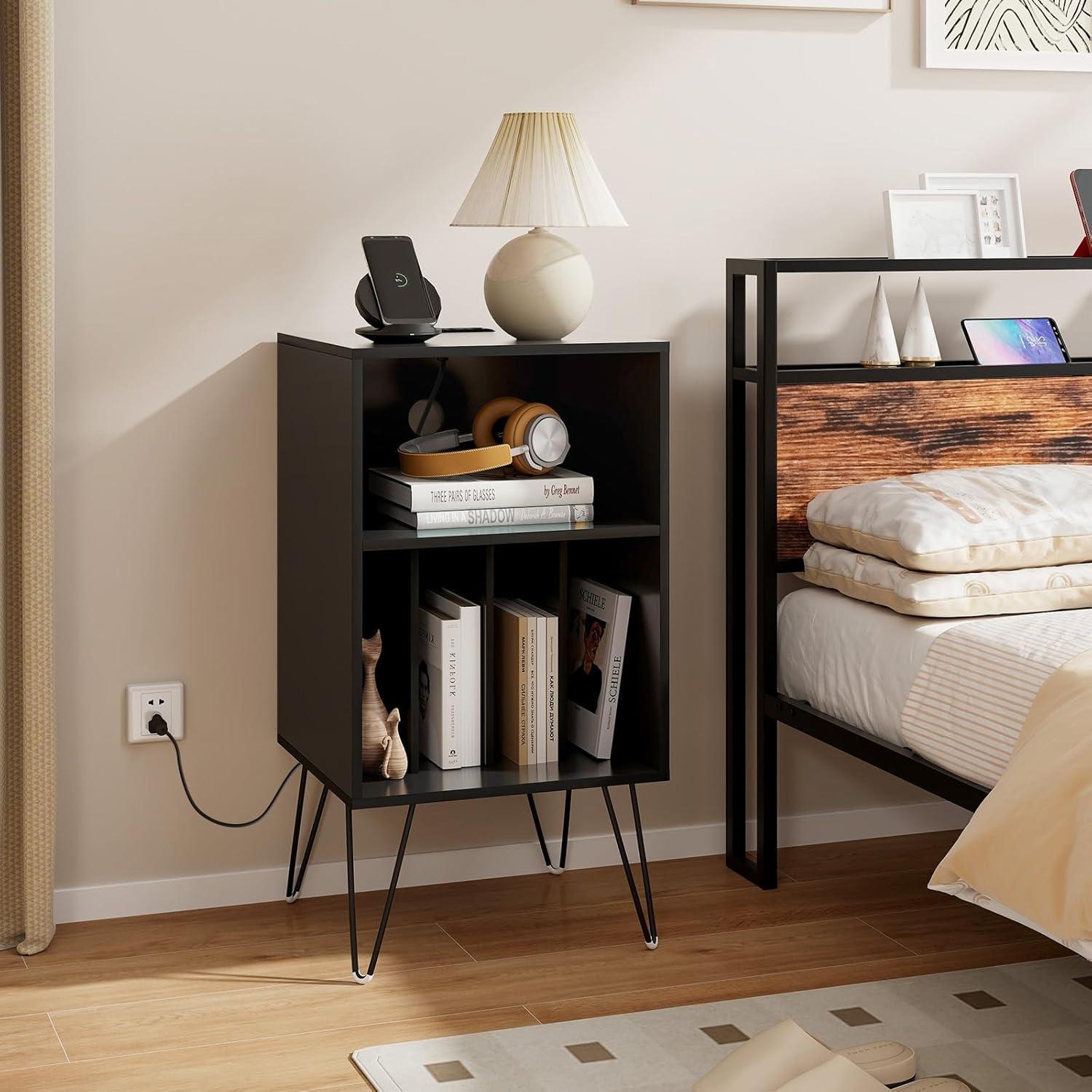 image:imageGiantex Record Player Stand with Charging Station Turntable Cabinet with Metal Legs Vinyl Record Storage Cabinet Holds Up to 150 Albums for Living Room Bedroom BlackBlack