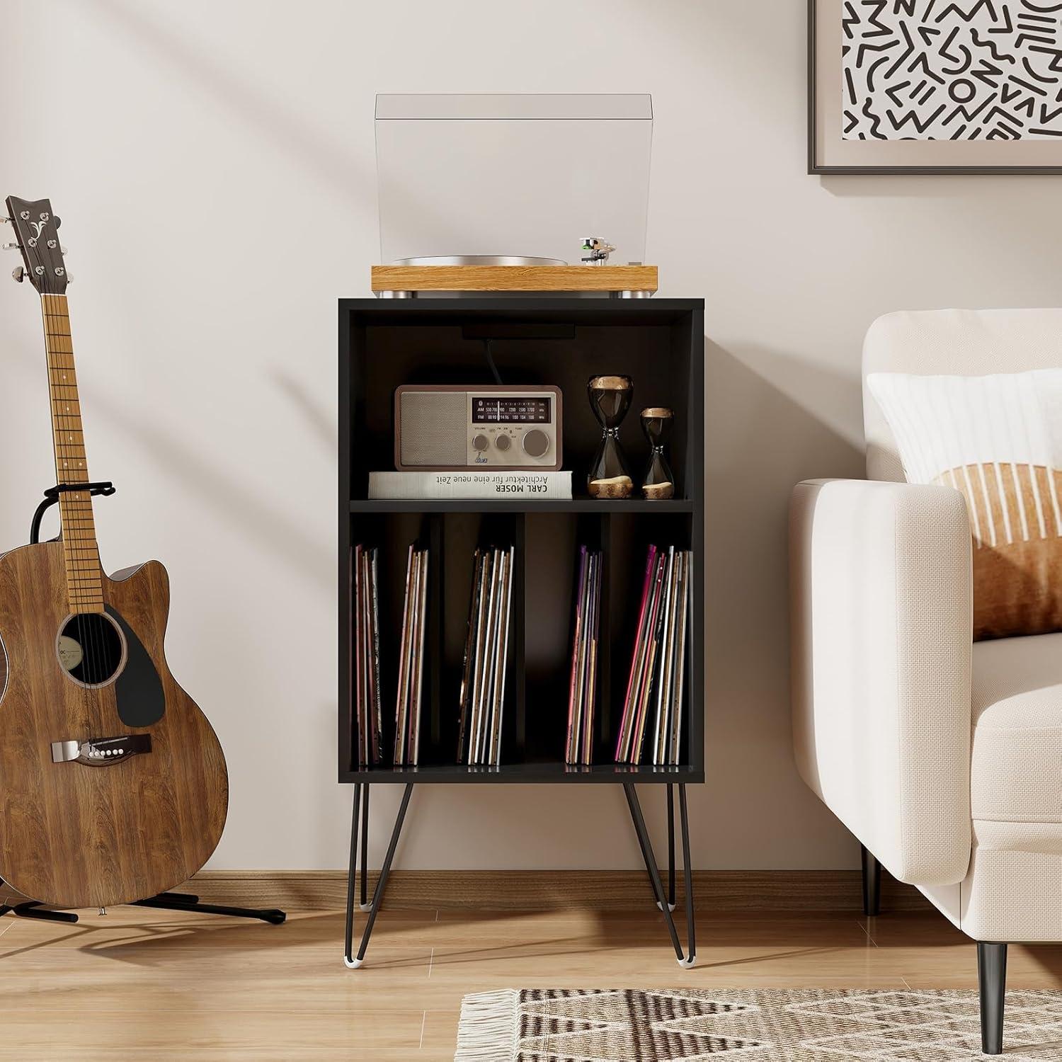 image:imageGiantex Record Player Stand with Charging Station Turntable Cabinet with Metal Legs Vinyl Record Storage Cabinet Holds Up to 150 Albums for Living Room Bedroom BlackBlack