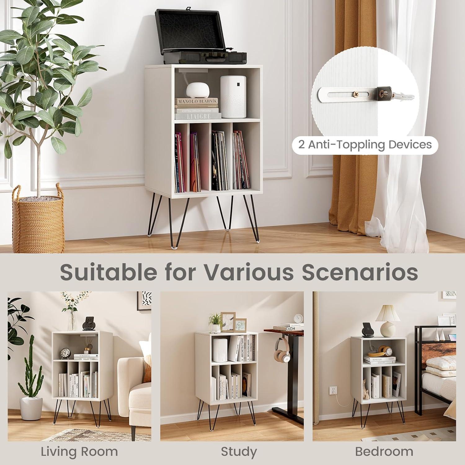 image:imageGiantex Record Player Stand with Charging Station Turntable Cabinet with Metal Legs Vinyl Record Storage Cabinet Holds Up to 150 Albums for Living Room Bedroom BlackWhite