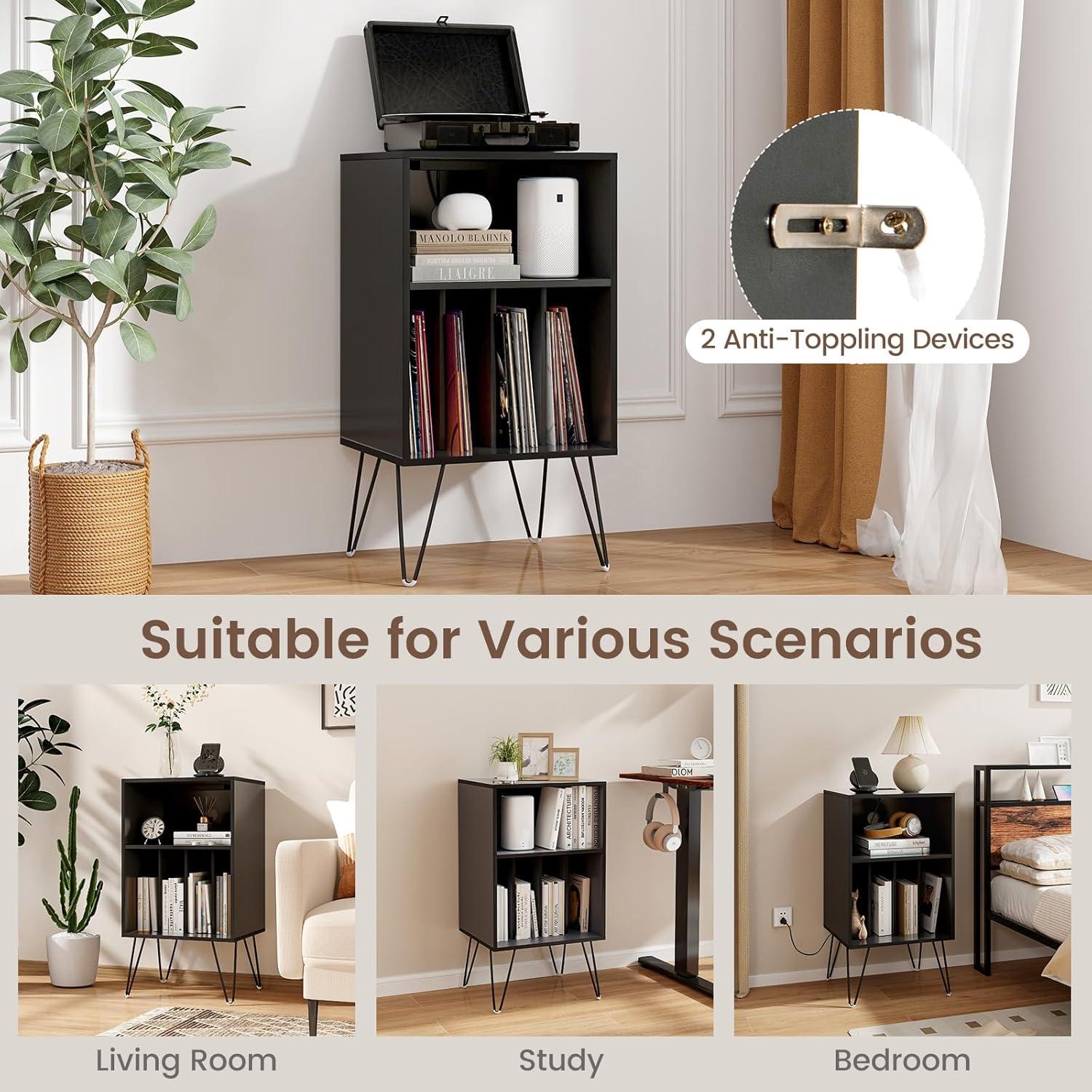 image:imageGiantex Record Player Stand with Charging Station Turntable Cabinet with Metal Legs Vinyl Record Storage Cabinet Holds Up to 150 Albums for Living Room Bedroom BlackBlack