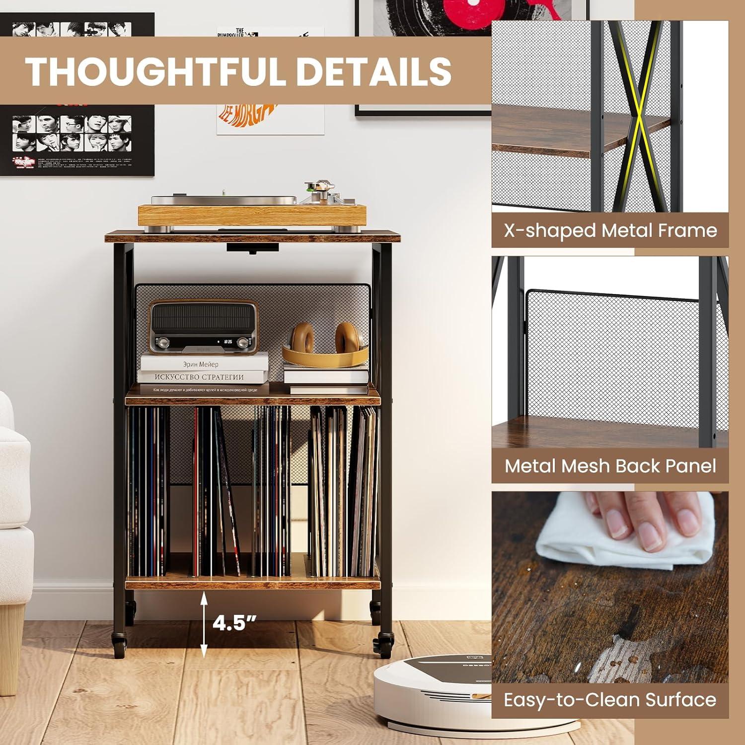 image:imageGiantex Record Player Stand with Charging Station Turntable Stand with Record Storage amp 4 Rolling Wheels Vinyl Record Storage Table up to 250 Albums for Living Room Bedroom Grey OakDark Brown