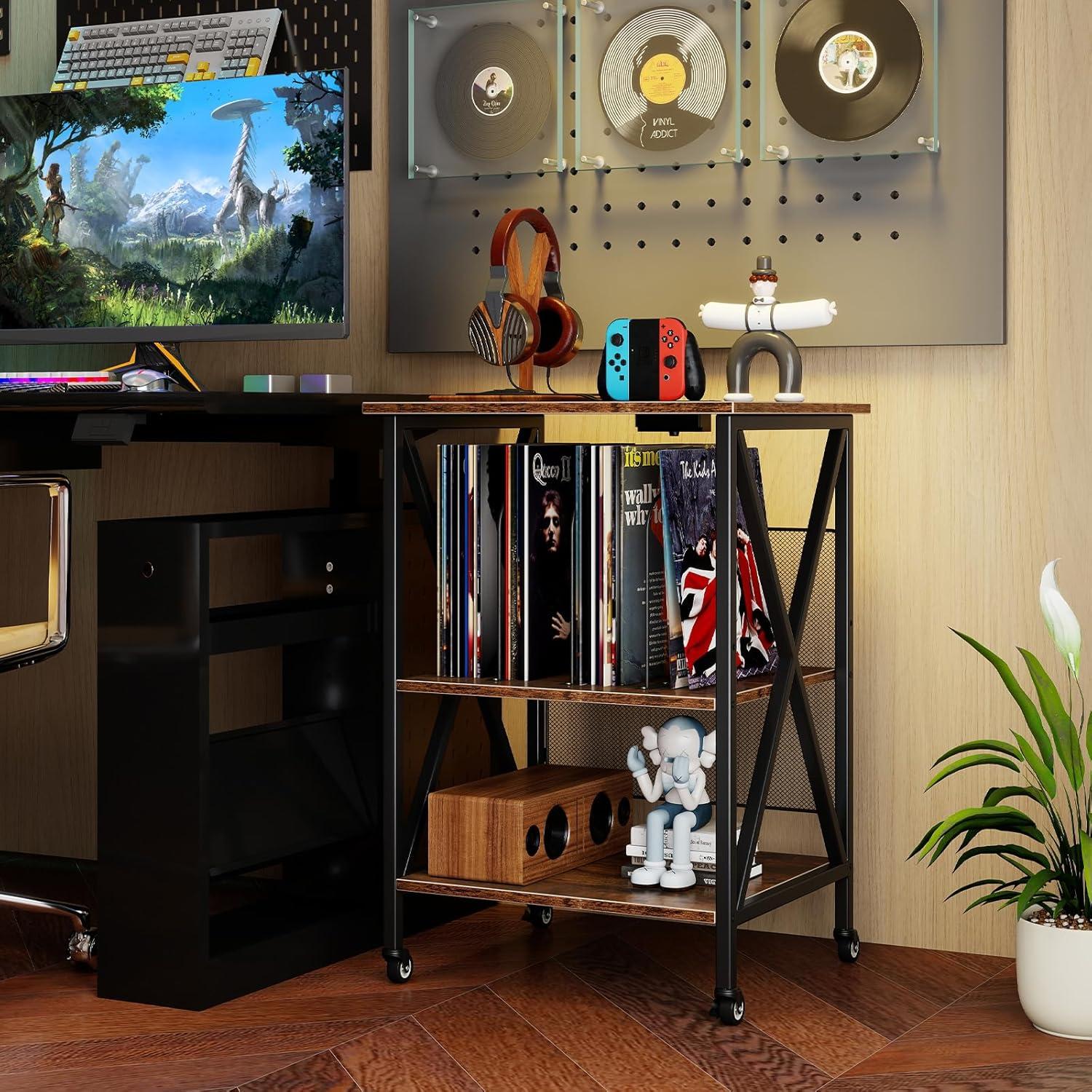 image:imageGiantex Record Player Stand with Charging Station Turntable Stand with Record Storage amp 4 Rolling Wheels Vinyl Record Storage Table up to 250 Albums for Living Room Bedroom Grey OakDark Brown