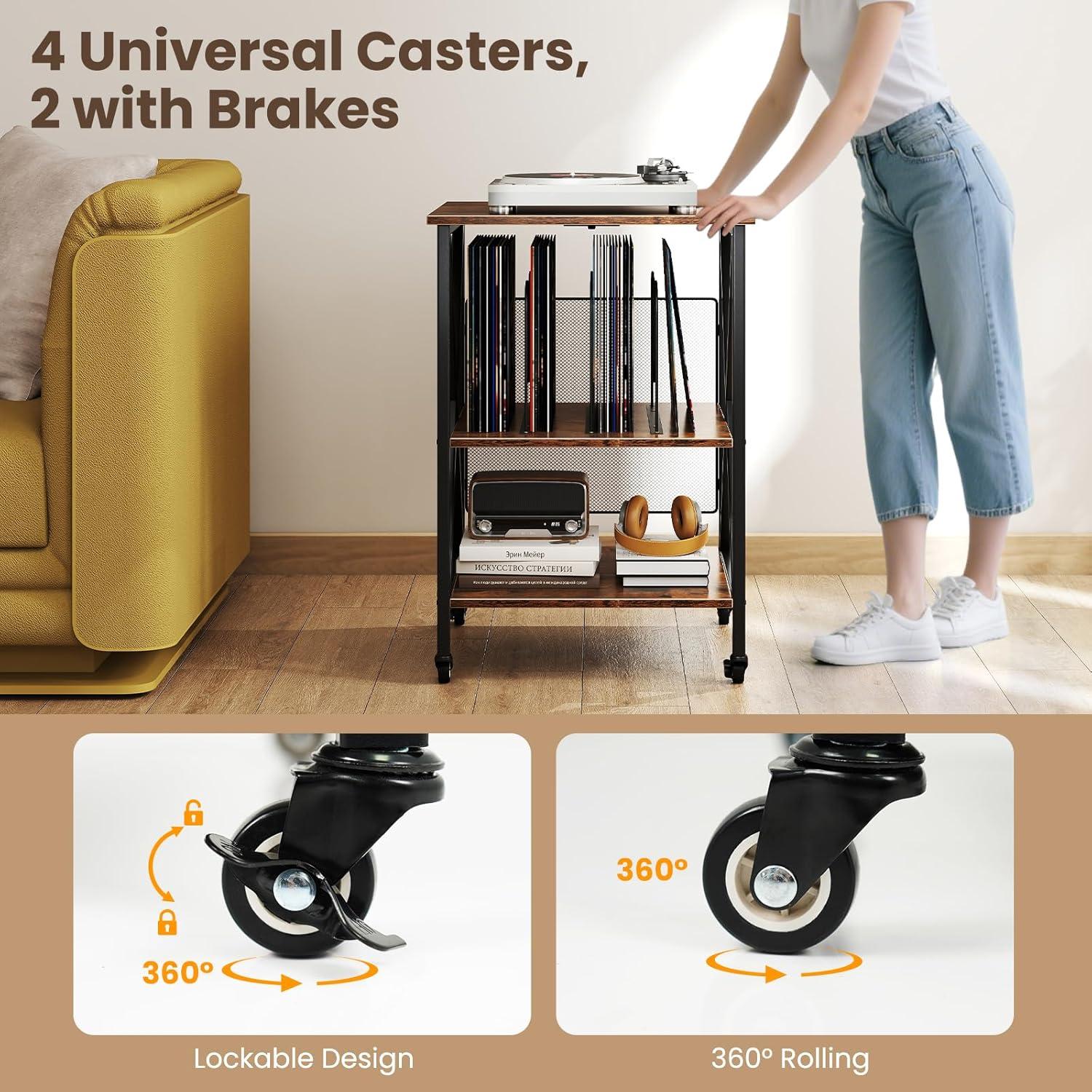 image:imageGiantex Record Player Stand with Charging Station Turntable Stand with Record Storage amp 4 Rolling Wheels Vinyl Record Storage Table up to 250 Albums for Living Room Bedroom Grey OakDark Brown