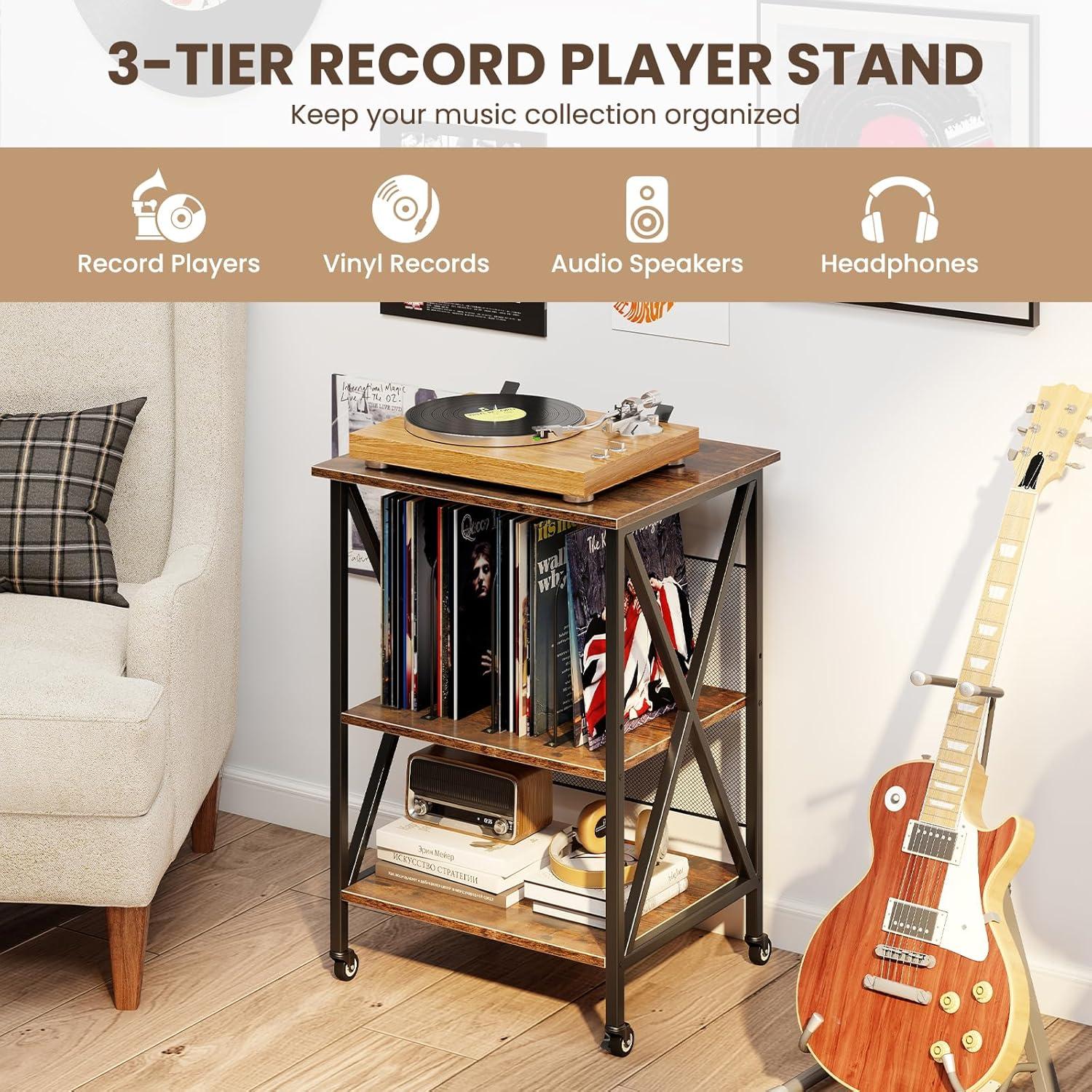 image:imageGiantex Record Player Stand with Charging Station Turntable Stand with Record Storage amp 4 Rolling Wheels Vinyl Record Storage Table up to 250 Albums for Living Room Bedroom Grey OakDark Brown