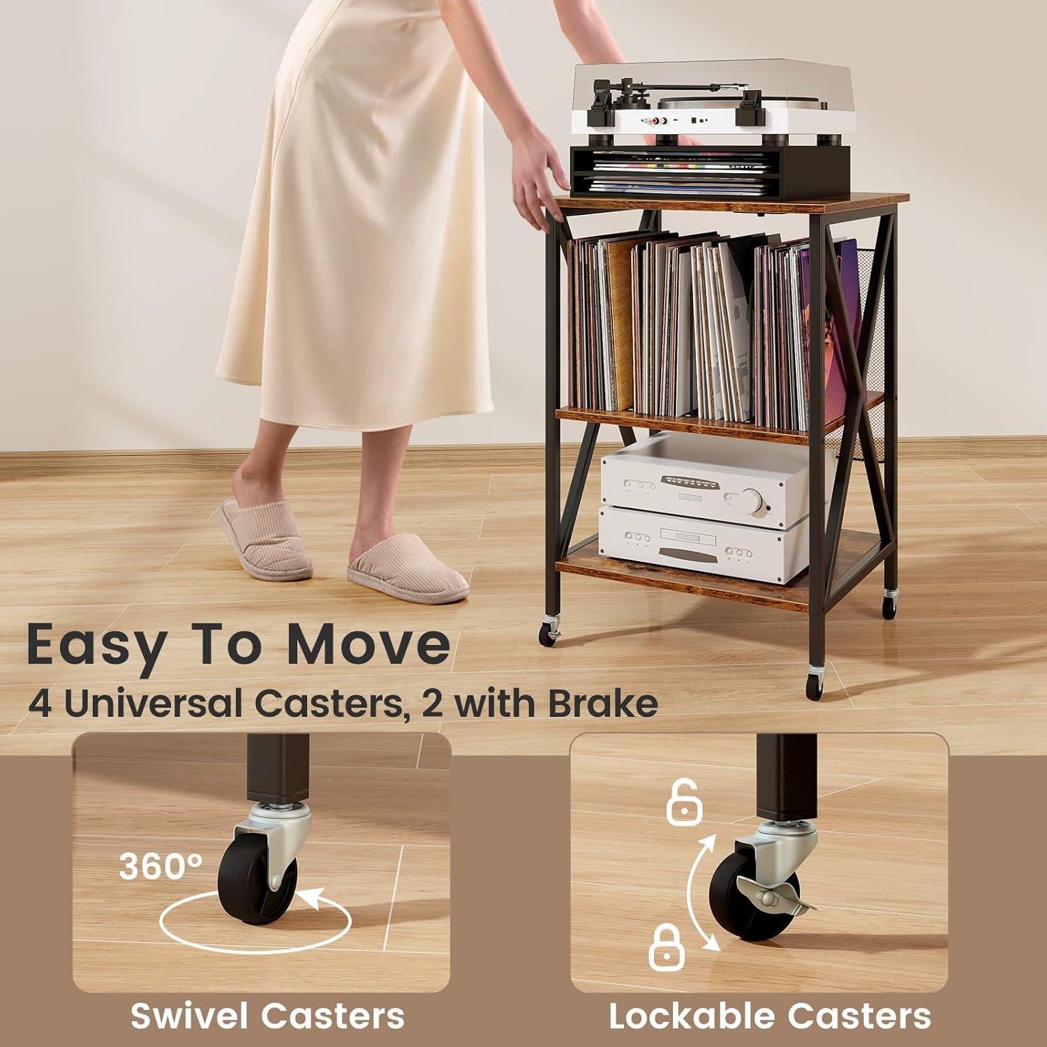 image:imageGiantex Record Player Stand with Charging Station Turntable Stand with Record Storage amp 4 Rolling Wheels Vinyl Record Storage Table up to 250 Albums for Living Room Bedroom Grey OakRustic Brown