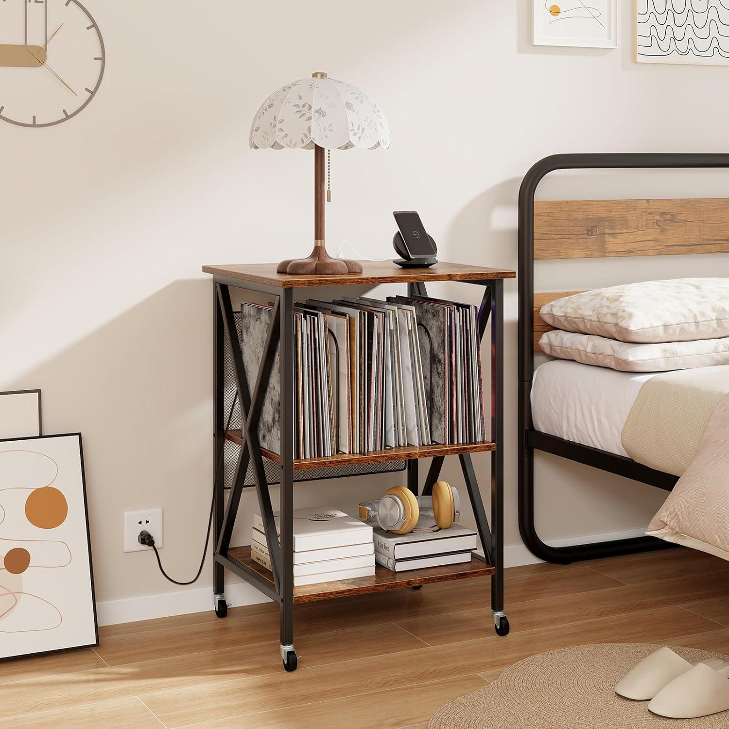 image:imageGiantex Record Player Stand with Charging Station Turntable Stand with Record Storage amp 4 Rolling Wheels Vinyl Record Storage Table up to 250 Albums for Living Room Bedroom Grey OakRustic Brown