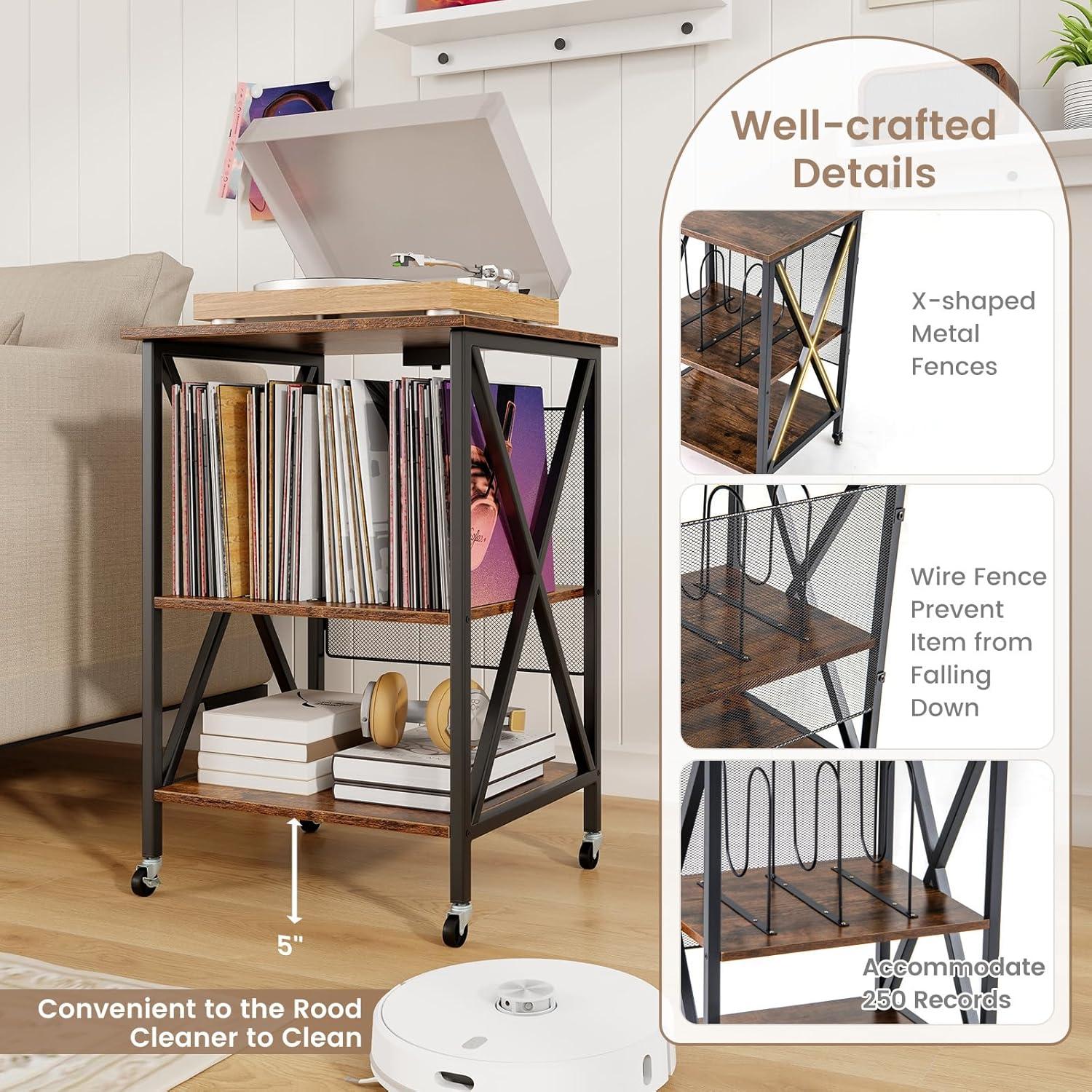 image:imageGiantex Record Player Stand with Charging Station Turntable Stand with Record Storage amp 4 Rolling Wheels Vinyl Record Storage Table up to 250 Albums for Living Room Bedroom Grey OakRustic Brown