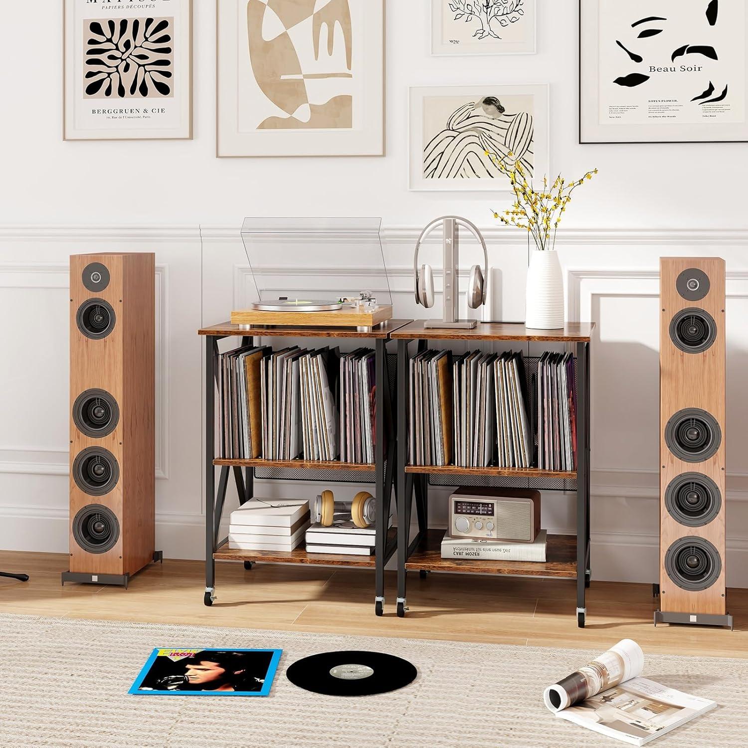 image:imageGiantex Record Player Stand with Charging Station Turntable Stand with Record Storage amp 4 Rolling Wheels Vinyl Record Storage Table up to 250 Albums for Living Room Bedroom Grey OakRustic Brown