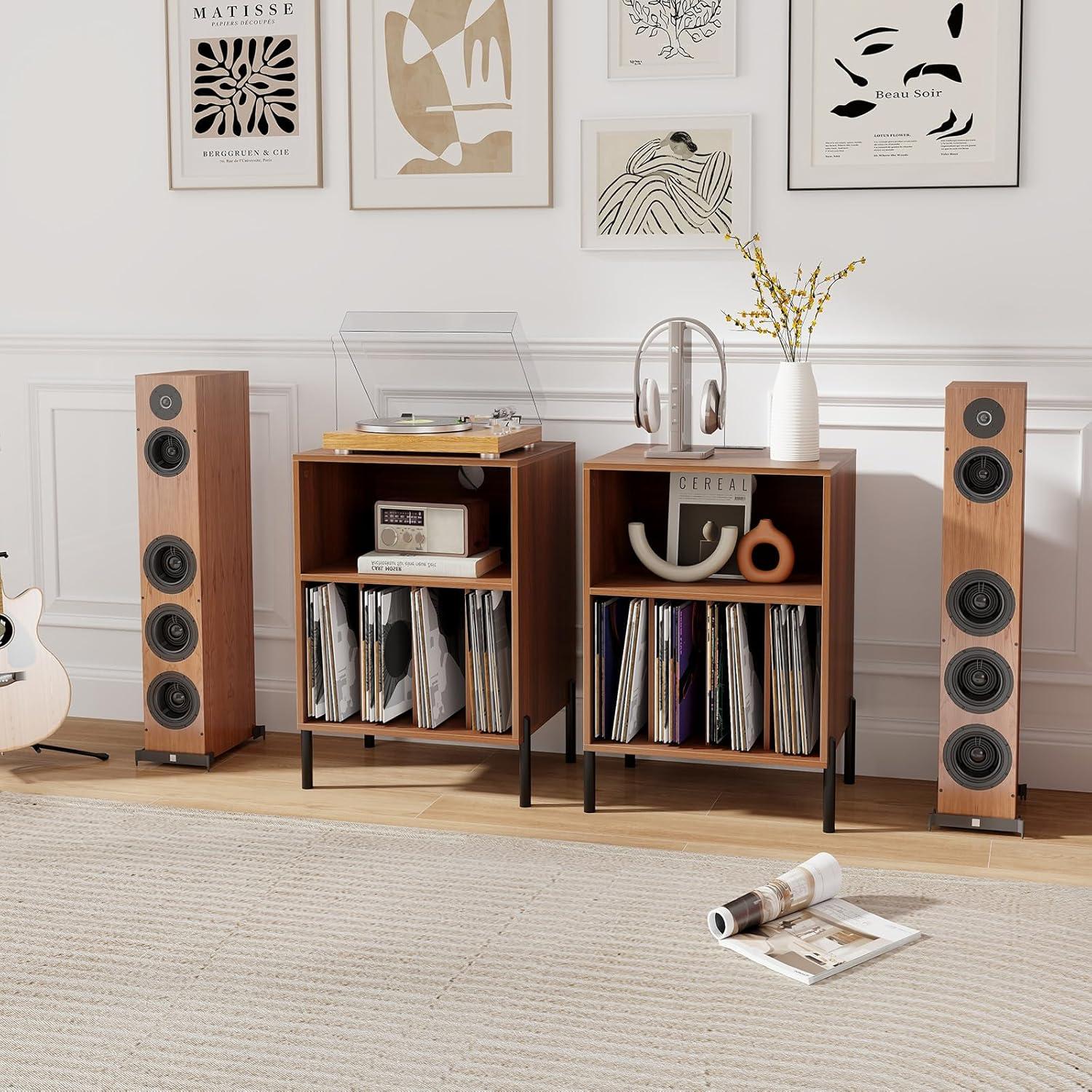 image:imageGiantex Record Player Stand with Charging Station Turntable Stand with Storage Cabinet Record Player Shelf with Metal Legs Vinyl Record Storage up to 150 Albums for Living Room OakWalnut