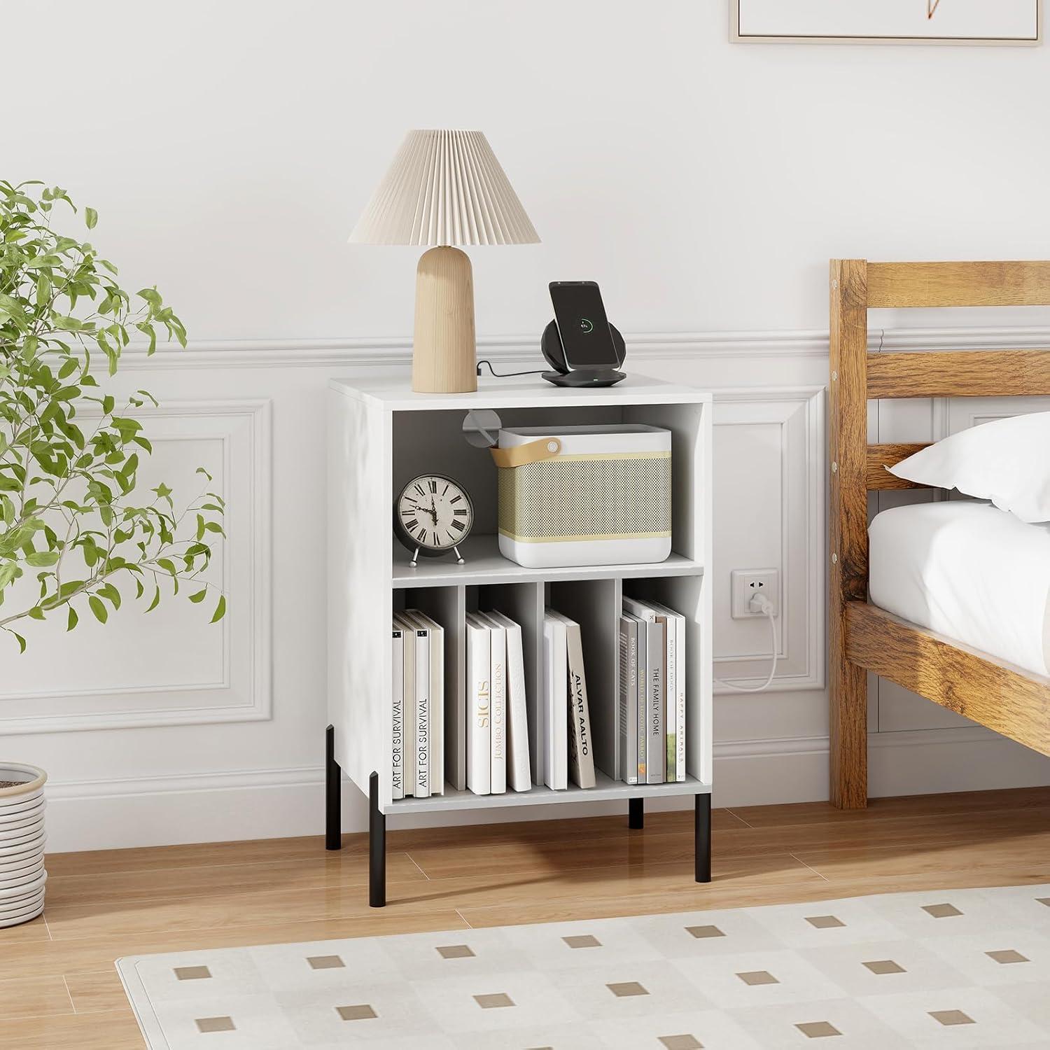 image:imageGiantex Record Player Stand with Charging Station Turntable Stand with Storage Cabinet Record Player Shelf with Metal Legs Vinyl Record Storage up to 150 Albums for Living Room OakWhite