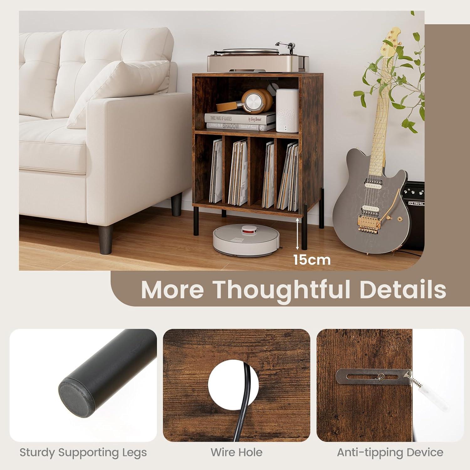 image:imageGiantex Record Player Stand with Charging Station Turntable Stand with Storage Cabinet Record Player Shelf with Metal Legs Vinyl Record Storage up to 150 Albums for Living Room OakRustic Brown