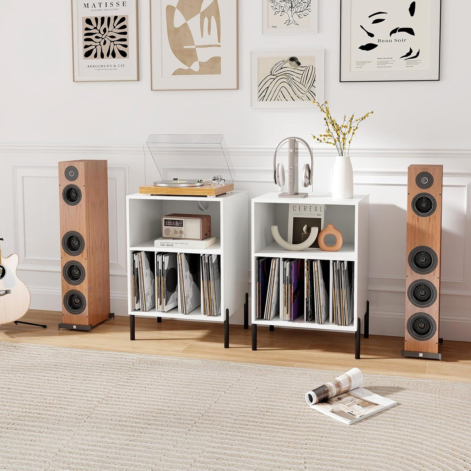 image:imageGiantex Record Player Stand with Charging Station Turntable Stand with Storage Cabinet Record Player Shelf with Metal Legs Vinyl Record Storage up to 150 Albums for Living Room OakWhite