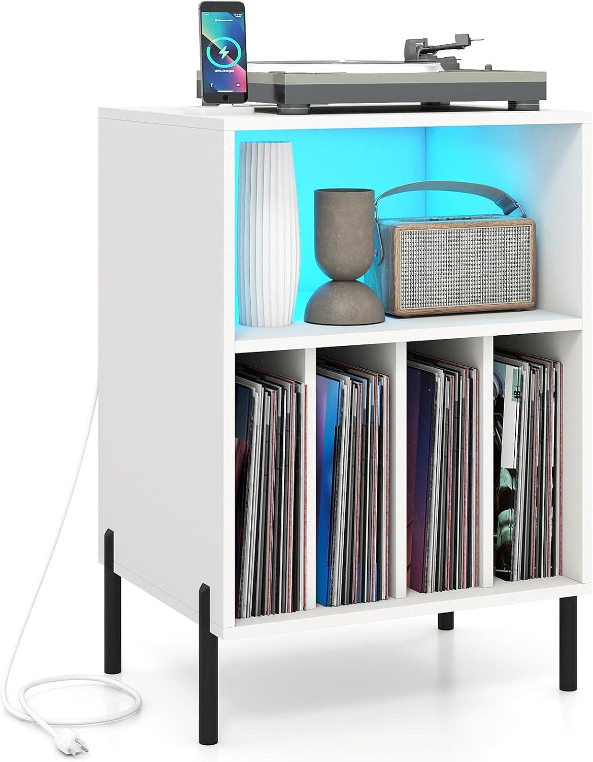 image:imageGiantex Record Player Stand with Charging Station Turntable Stand with Storage Cabinet Record Player Shelf with Metal Legs Vinyl Record Storage up to 150 Albums for Living Room OakWhite