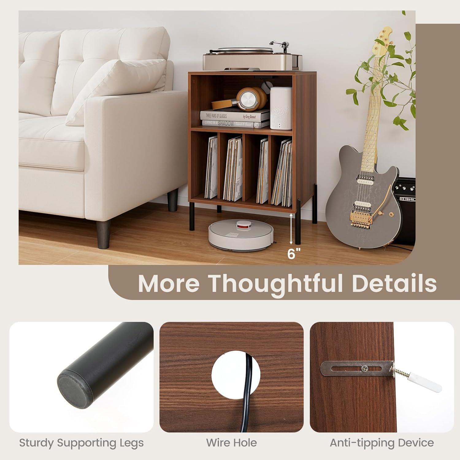 image:imageGiantex Record Player Stand with Charging Station Turntable Stand with Storage Cabinet Record Player Shelf with Metal Legs Vinyl Record Storage up to 150 Albums for Living Room OakWalnut