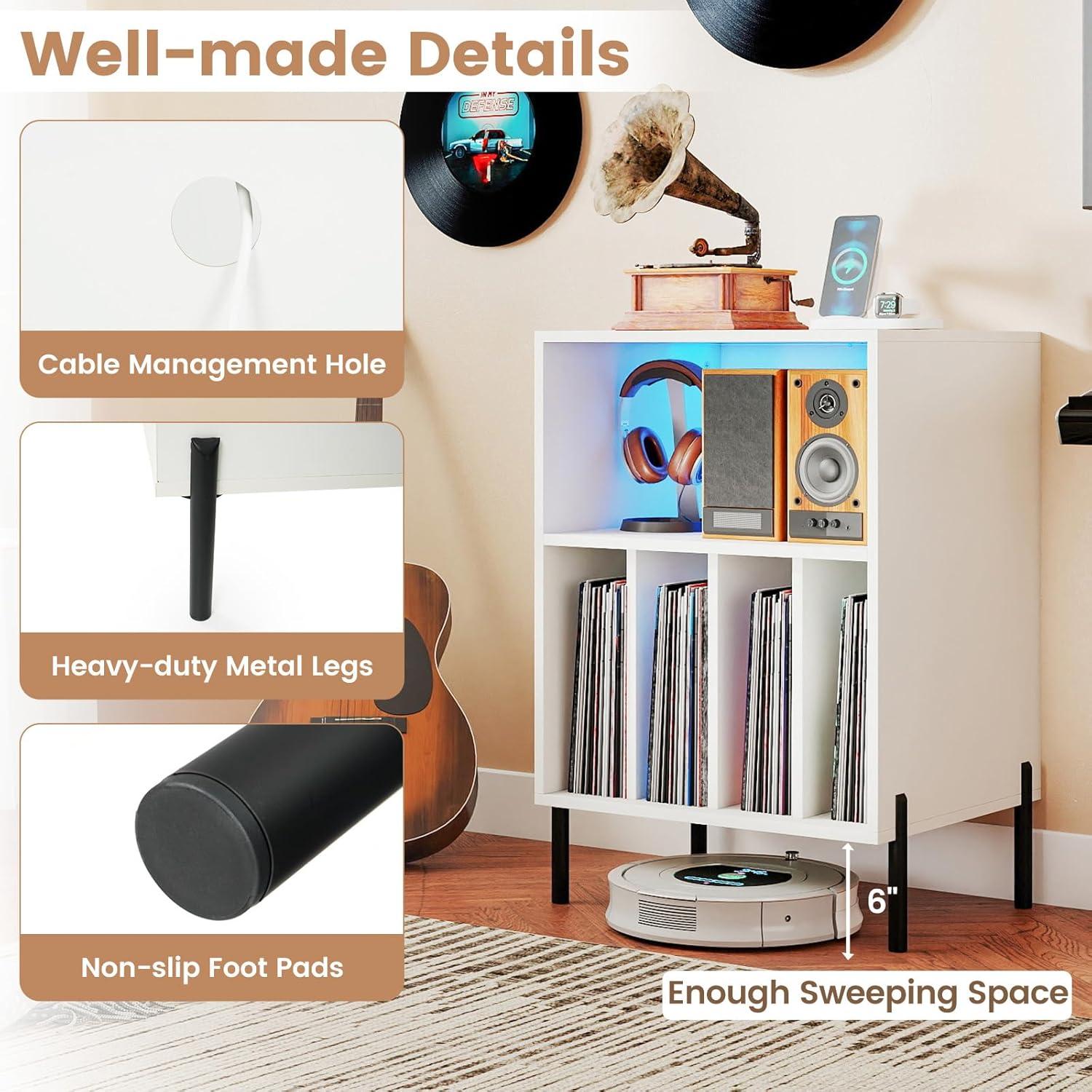 image:imageGiantex Record Player Stand with Charging Station Turntable Stand with Storage Cabinet Record Player Shelf with Metal Legs Vinyl Record Storage up to 150 Albums for Living Room OakWhite