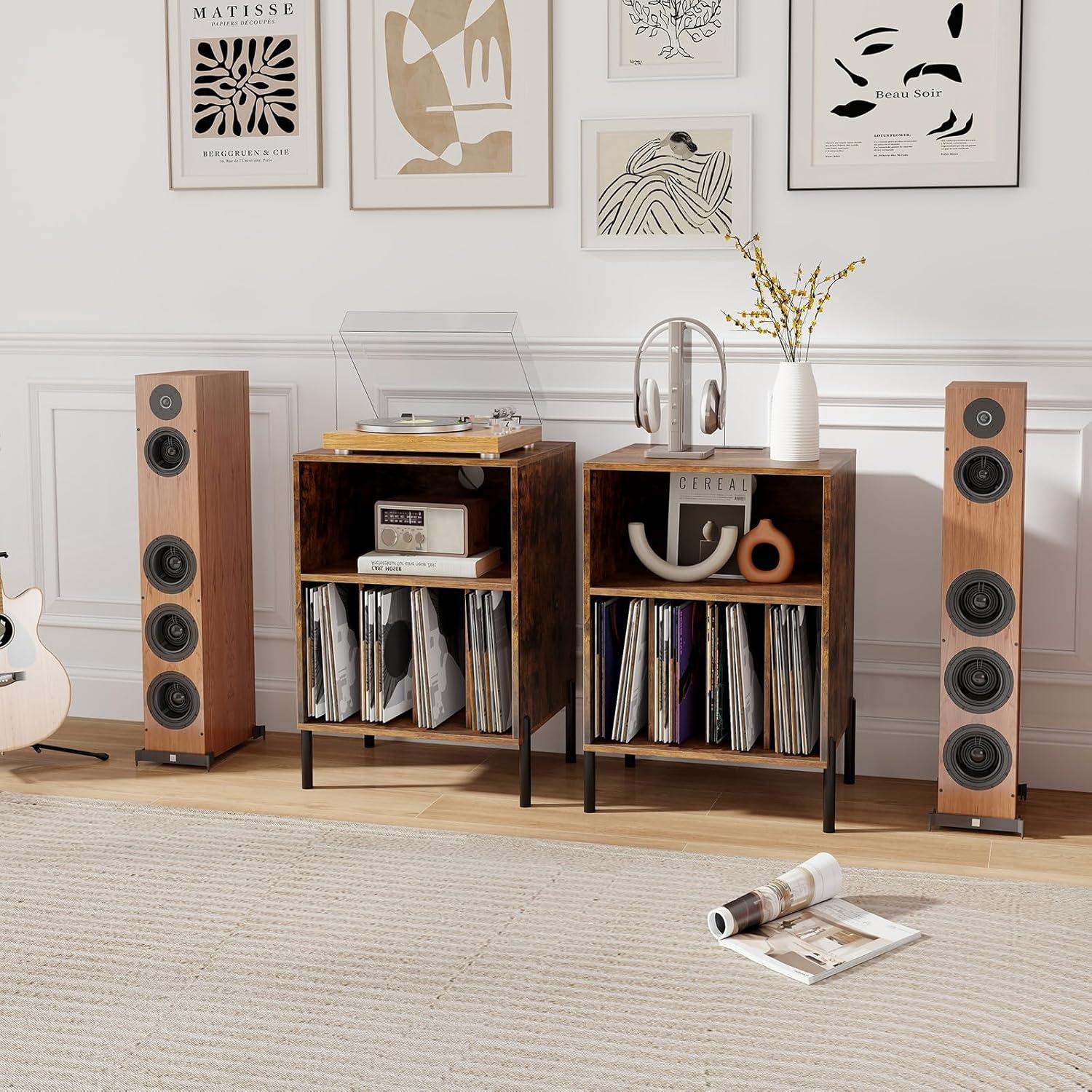 image:imageGiantex Record Player Stand with Charging Station Turntable Stand with Storage Cabinet Record Player Shelf with Metal Legs Vinyl Record Storage up to 150 Albums for Living Room OakRustic Brown