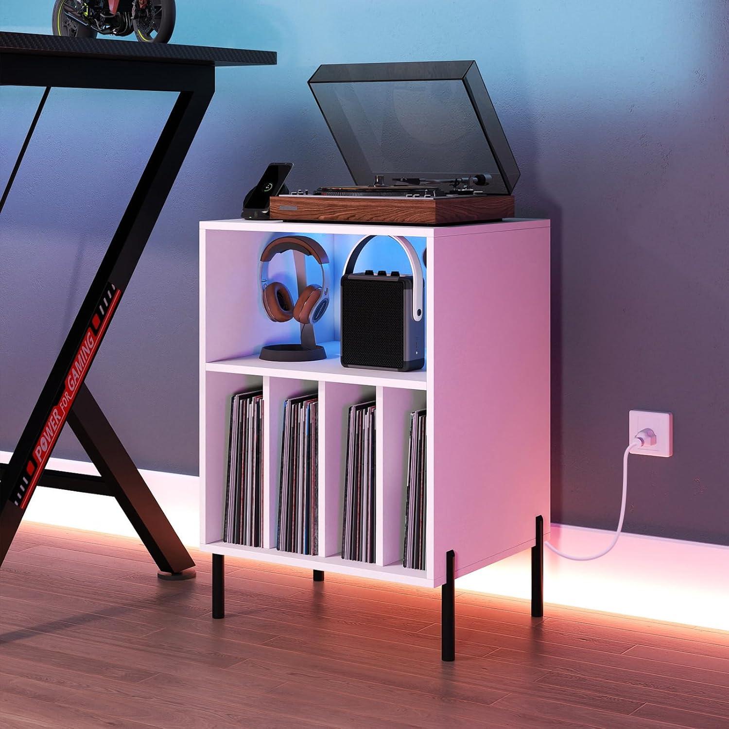 image:imageGiantex Record Player Stand with Charging Station Turntable Stand with Storage Cabinet Record Player Shelf with Metal Legs Vinyl Record Storage up to 150 Albums for Living Room OakWhite