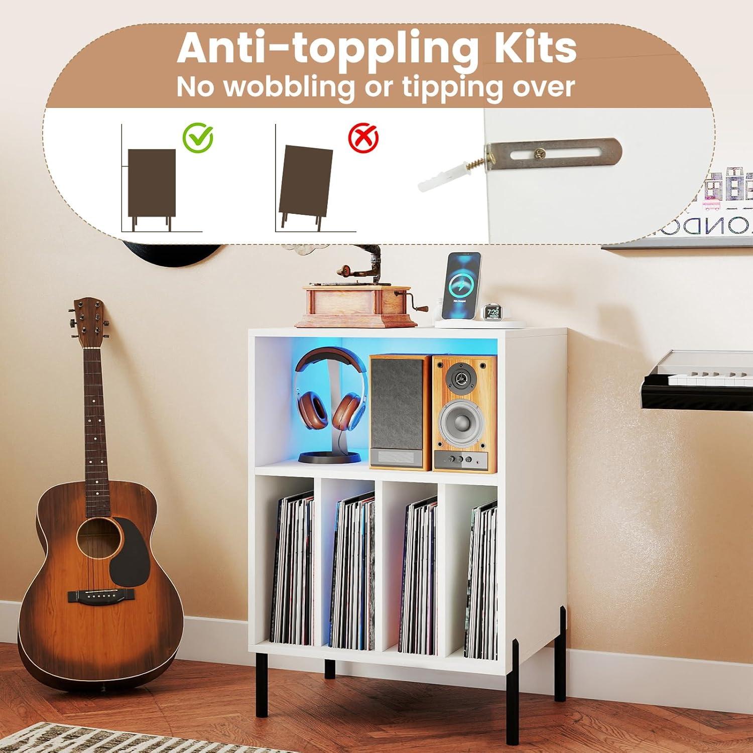 image:imageGiantex Record Player Stand with Charging Station Turntable Stand with Storage Cabinet Record Player Shelf with Metal Legs Vinyl Record Storage up to 150 Albums for Living Room OakWhite