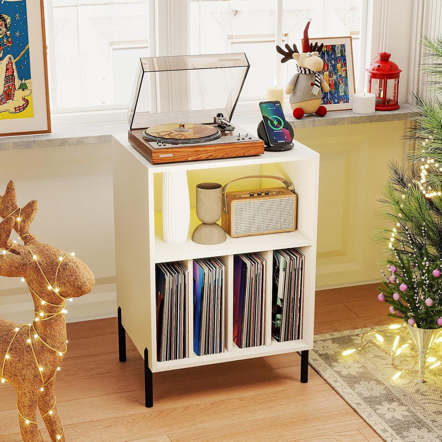image:imageGiantex Record Player Stand with Charging Station Turntable Stand with Storage Cabinet Record Player Shelf with Metal Legs Vinyl Record Storage up to 150 Albums for Living Room OakWhite