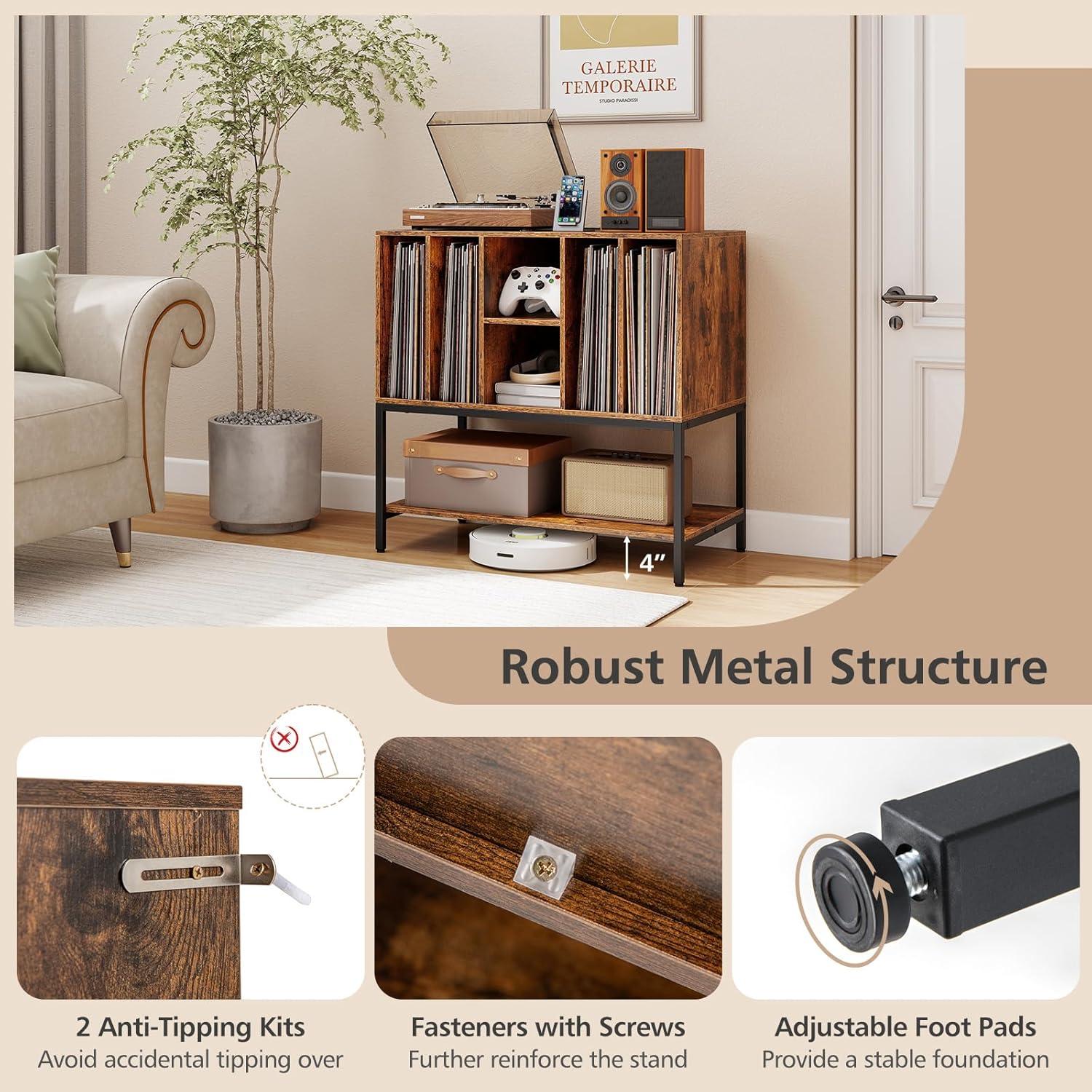 image:imageGiantex Record Player Stand with Charging Station Turntable Stand with Storage Shelves Hold Up to 150 Albums Record Player Table with Metal Frame Vinyl Record Storage for Music Living Room WhiteBrown