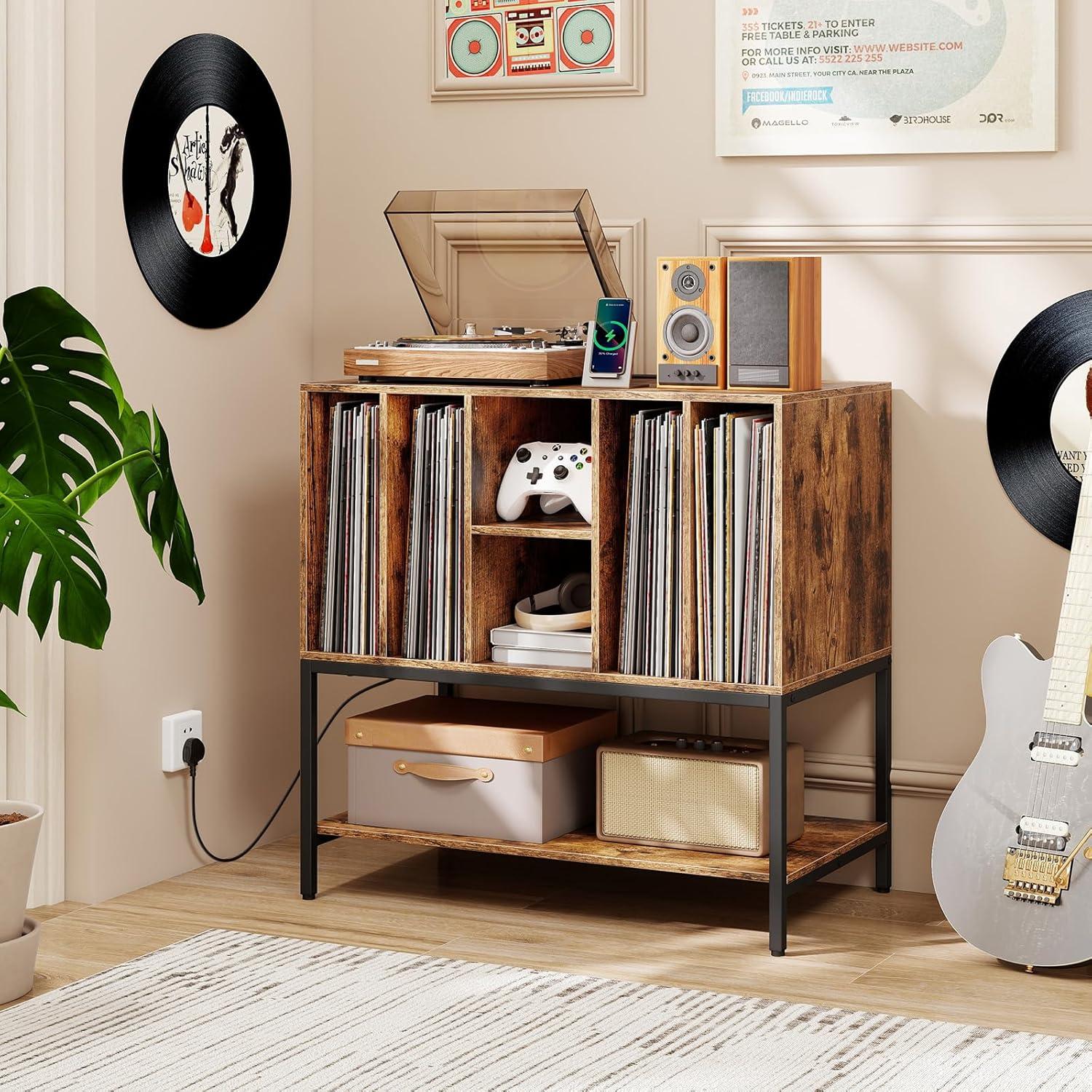 image:imageGiantex Record Player Stand with Charging Station Turntable Stand with Storage Shelves Hold Up to 150 Albums Record Player Table with Metal Frame Vinyl Record Storage for Music Living Room WhiteBrown