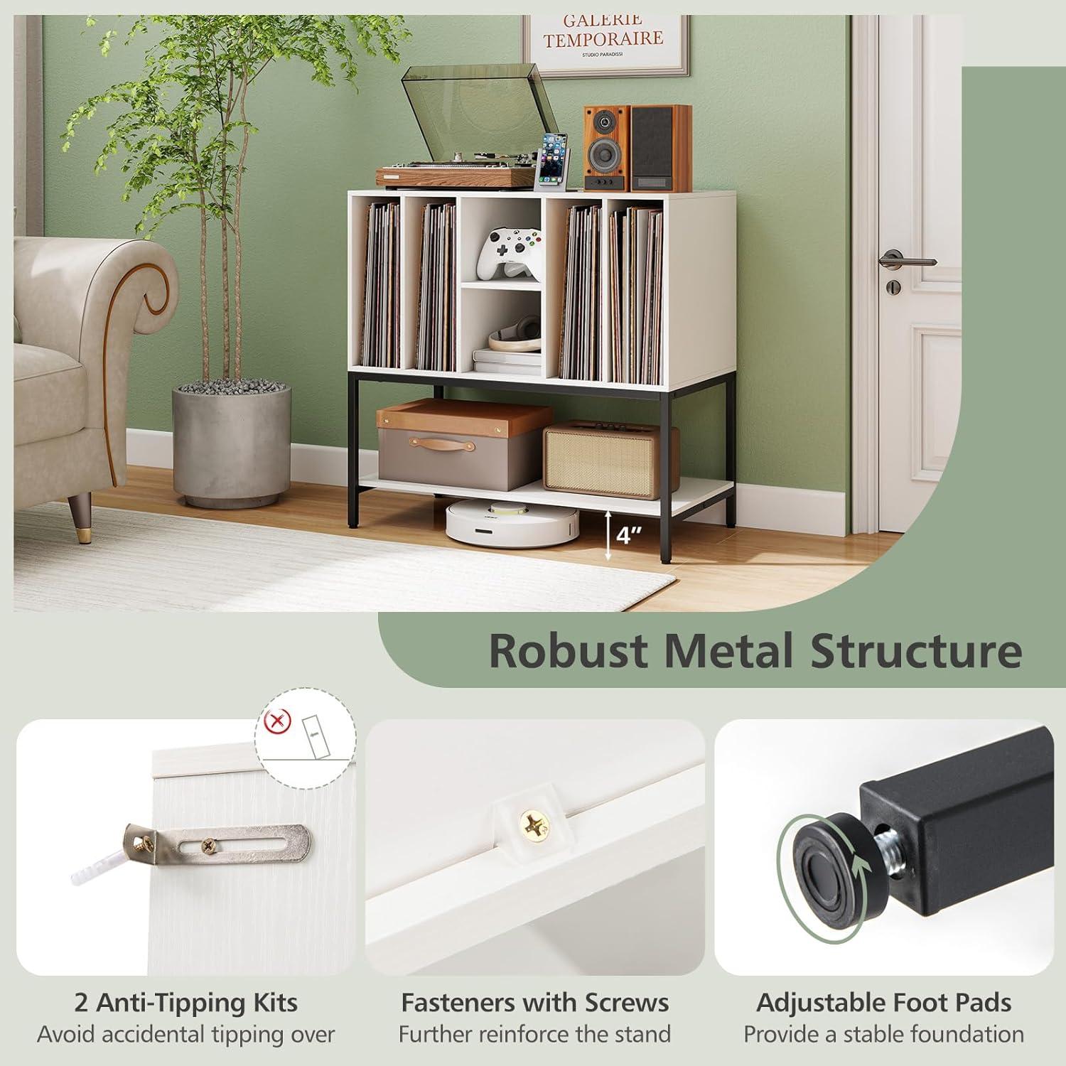 image:imageGiantex Record Player Stand with Charging Station Turntable Stand with Storage Shelves Hold Up to 150 Albums Record Player Table with Metal Frame Vinyl Record Storage for Music Living Room WhiteWhite