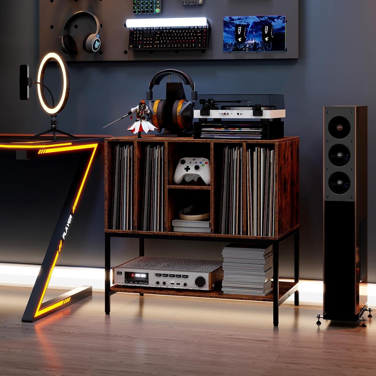 image:imageGiantex Record Player Stand with Charging Station Turntable Stand with Storage Shelves Hold Up to 150 Albums Record Player Table with Metal Frame Vinyl Record Storage for Music Living Room WhiteBrown